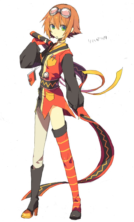 rita mordio, tales of (series), tales of vesperia, 00s, 1girl, asymmetrical footwear, brown hair, female focus, gloves, goggles, goggles on head, green eyes, mismatched footwear, pantyhose, scroll, short hair, single leg pantyhose, solo, thighhighs