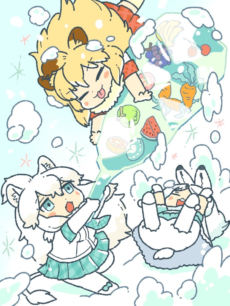 kuro shiro (kuro96siro46), arctic hare (kemono friends), lion (kemono friends), white lion (kemono friends), kemono friends, commentary request, 3girls, animal ears, blonde hair, blue eyes, closed eyes, elbow gloves, extra ears, gloves, lion ears, lion girl, lion tail, long hair, multiple girls, necktie, rabbit ears, rabbit girl, rabbit tail, scarf, shirt, shoes, shorts, skirt, snow, tail, thighhighs, tongue, tongue out, white hair