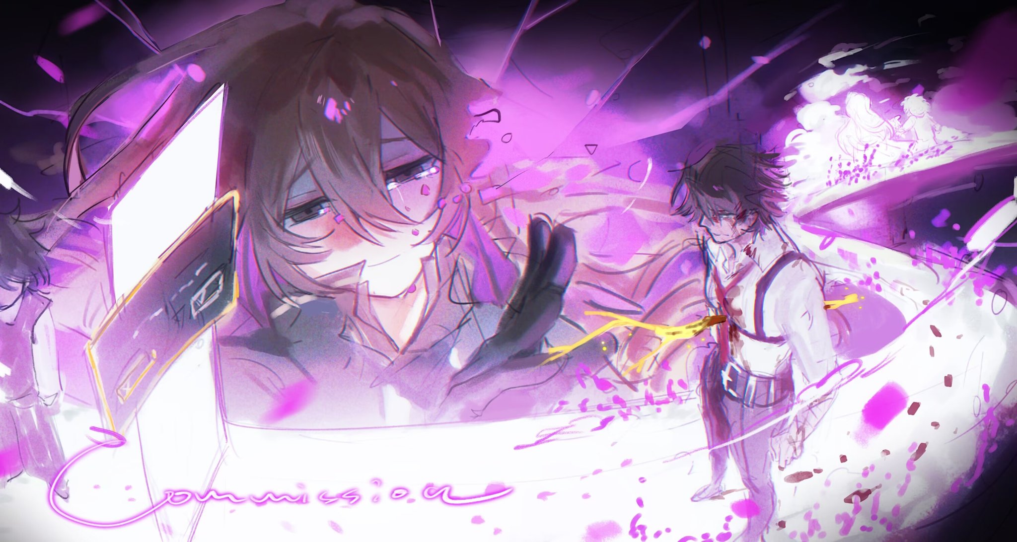 ling zhiyun, catherine (project moon), golden bough (limbus company), heathcliff (project moon), limbus company, project moon, highres, 1boy, 1girl, black gloves, blood, blood on clothes, branch, brown dress, brown eyes, brown hair, chest harness, closed mouth, collared shirt, crack, cracked glass, dissolving, dress, flower, gloves, harness, purple flower, purple theme, shirt, sidelocks, smile, stab, walking, white shirt