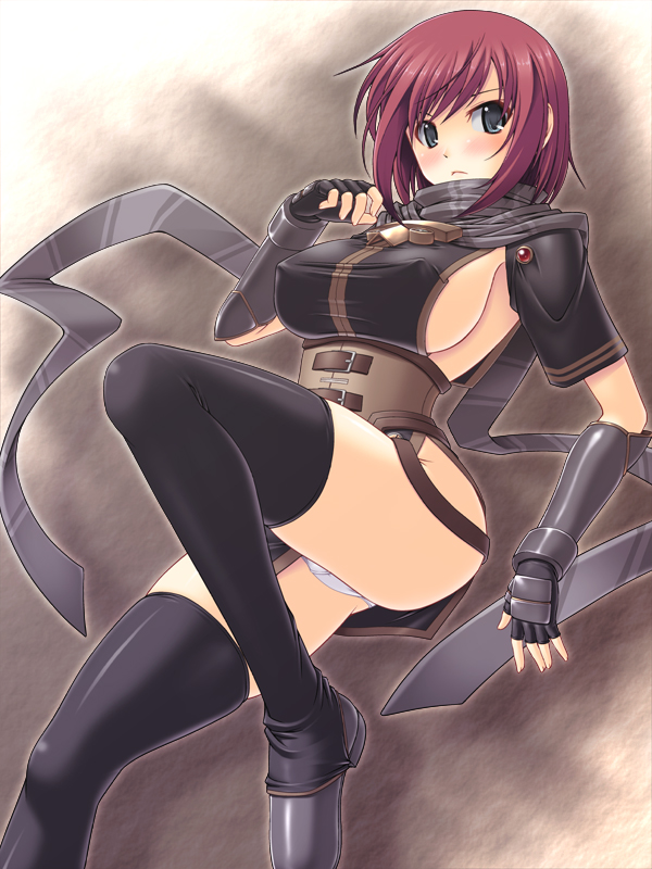 abu, nel zelpher, square enix, star ocean, star ocean: till the end of time, 1girl, armor, black thighhighs, blue eyes, blush, boots, breasts, covered erect nipples, elbow gloves, female focus, fingerless gloves, gloves, large breasts, legs, ninja, panties, pantyshot, red hair, scarf, sideboob, solo, thigh boots, thighhighs, underwear, white panties