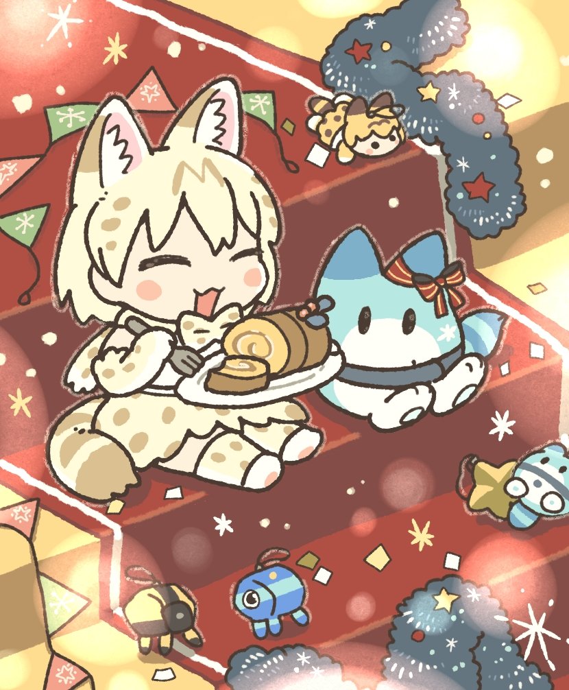 kuro shiro (kuro96siro46), lucky beast (kemono friends), white serval (kemono friends), kemono friends, commentary request, animal ears, belt, bow, bowtie, cake, cat ears, cat girl, cat tail, christmas, elbow gloves, extra ears, food, fork, gloves, grey hair, non-humanoid robot, ribbon, robot, robot animal, shirt, shoes, skirt, sleeveless, sleeveless shirt, stuffed toy, swiss roll, tail, thighhighs