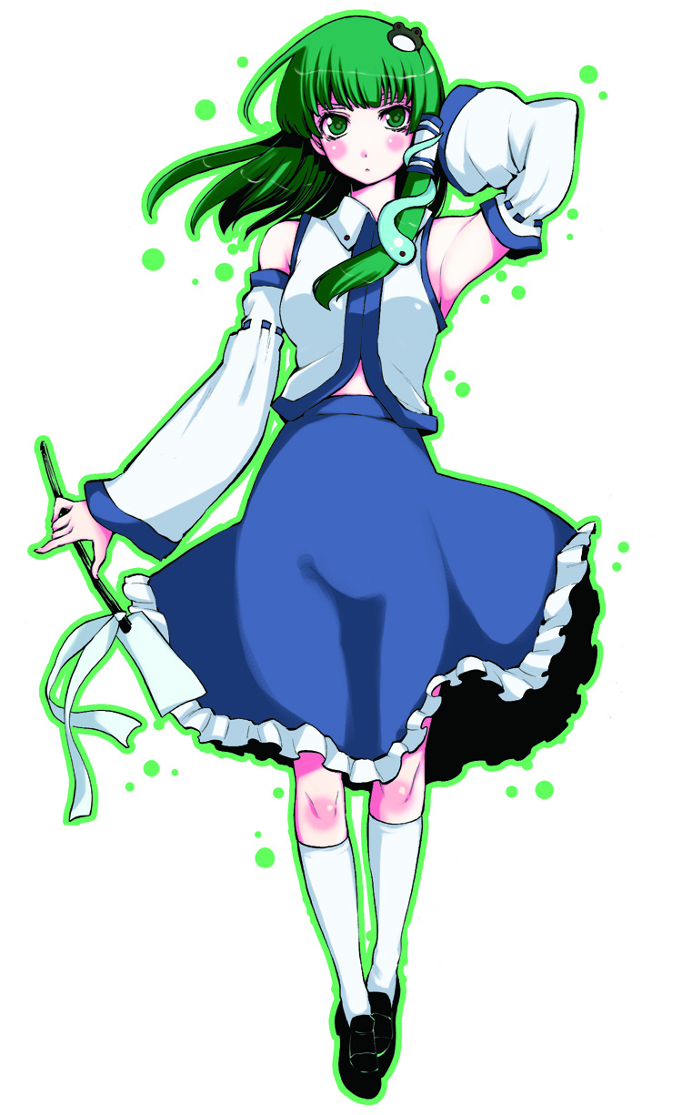 uousa-ou, kochiya sanae, touhou, bad id, bad pixiv id, highres, 1girl, armpits, blush, detached sleeves, female focus, frog, green eyes, green hair, hair ornament, matching hair/eyes, short hair, snake, solo