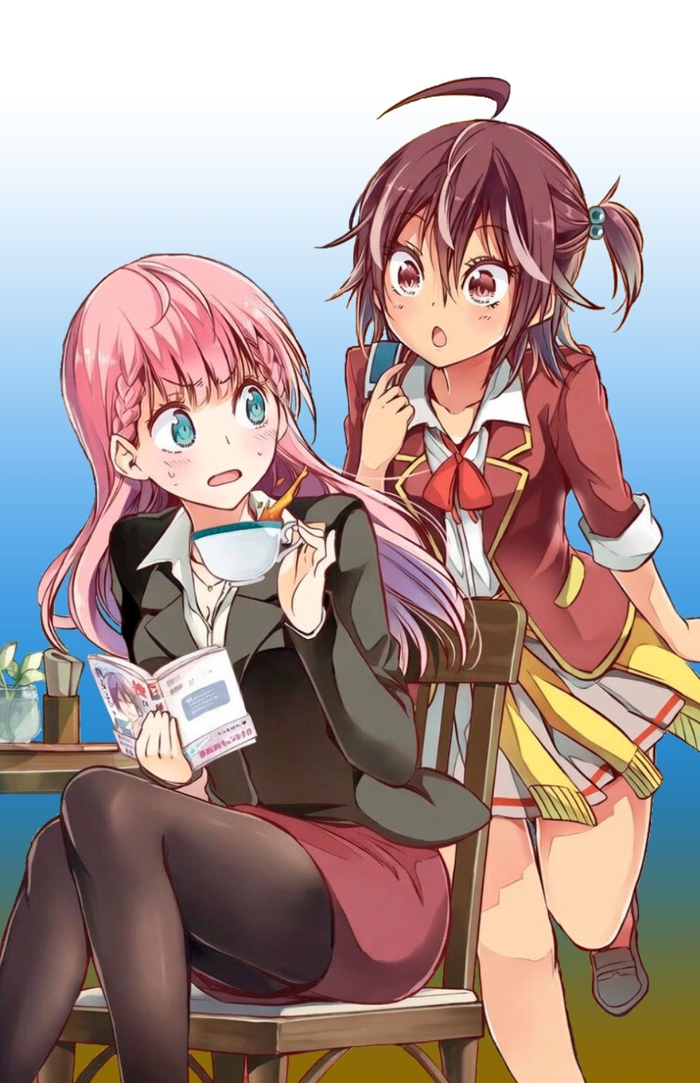 tsutsui taishi, kirisu mafuyu, takemoto uruka, bokutachi wa benkyou ga dekinai, highres, third-party edit, 2girls, :o, ahoge, aqua eyes, blush, book, braid, braided bangs, breasts, chair, cleavage, collarbone, cup, dark-skinned female, dark skin, dress, dress shirt, holding, holding teapot, jacket, jewelry, large breasts, leg up, long hair, looking at another, medium breasts, multiple girls, necklace, pantyhose, pencil skirt, pink hair, purple eyes, red hair, school uniform, shirt, shoes, short hair, simple background, sitting, skirt, standing, table, tan, tea, teacher and student, teacup, teapot, thigh gap, thighs