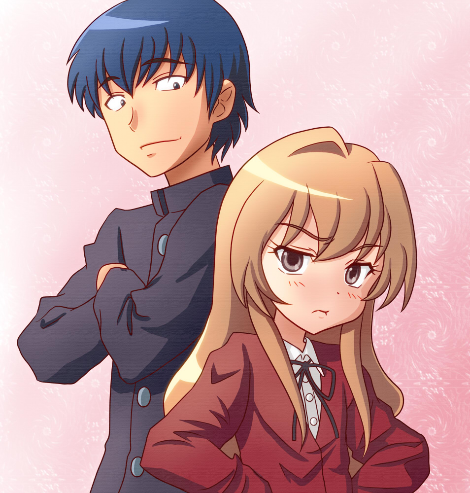 chunpai, aisaka taiga, takasu ryuuji, toradora!, 00s, :t, back-to-back, blue hair, brown eyes, brown hair, crossed arms, hands on own hips, long hair, pout, school uniform