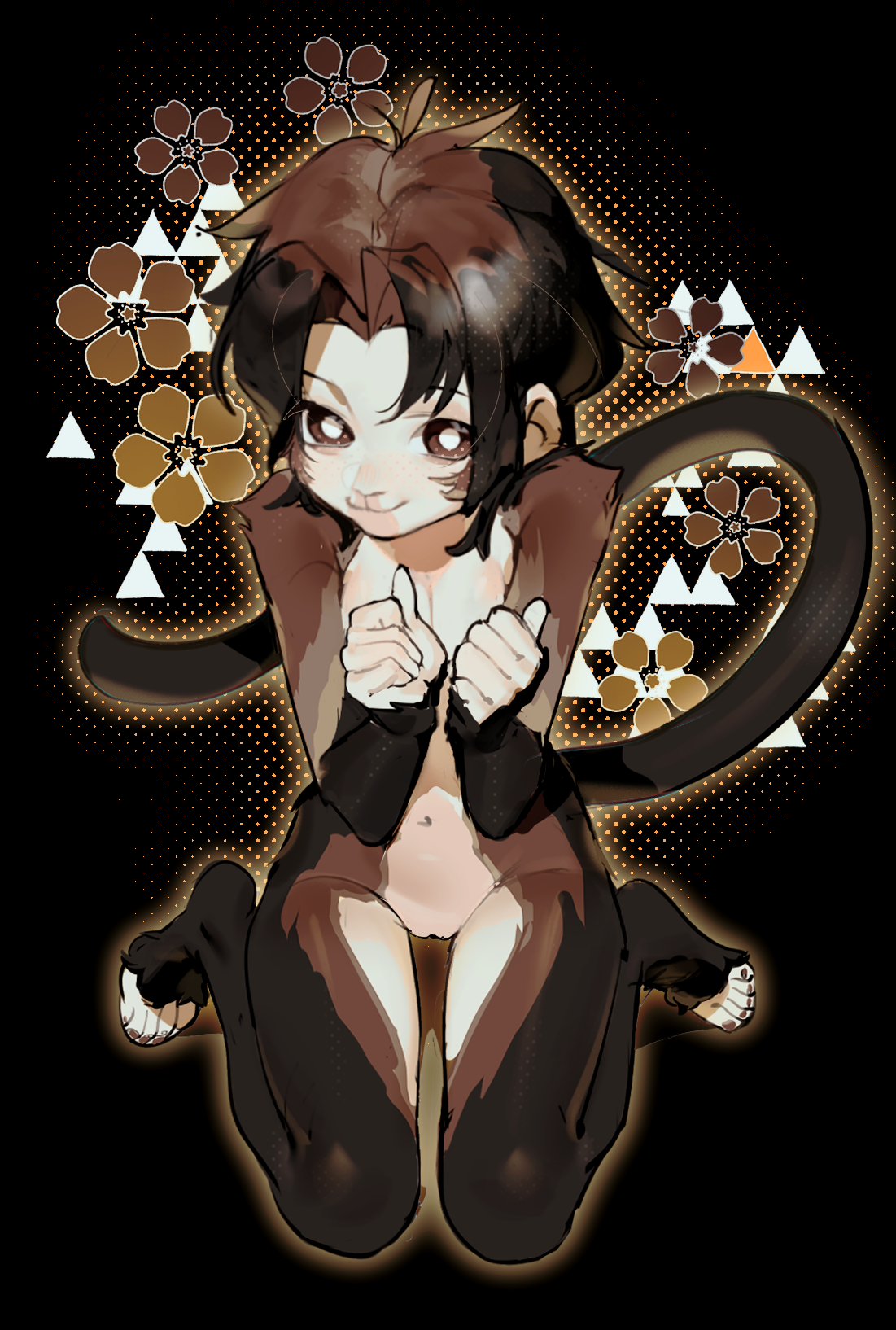 pita-potato, original, commentary, english commentary, highres, 1girl, animal ears, barefoot, black background, black hair, brown eyes, brown hair, flat chest, flower, hands up, looking at viewer, monkey ears, monkey girl, monkey tail, multicolored hair, parted bangs, pussy, short hair, sitting, smile, solo, tail, two-tone hair