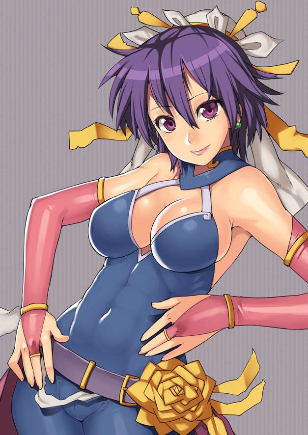 nagase haruhito, oryuu, fuurai no shiren, open m/, bad id, bad pixiv id, 1girl, abs, bare shoulders, belt, breasts, bridal gauntlets, cleavage, earrings, female focus, hair ornament, hands on own hips, jewelry, muscular, purple eyes, purple hair, ribs, skin tight, solo