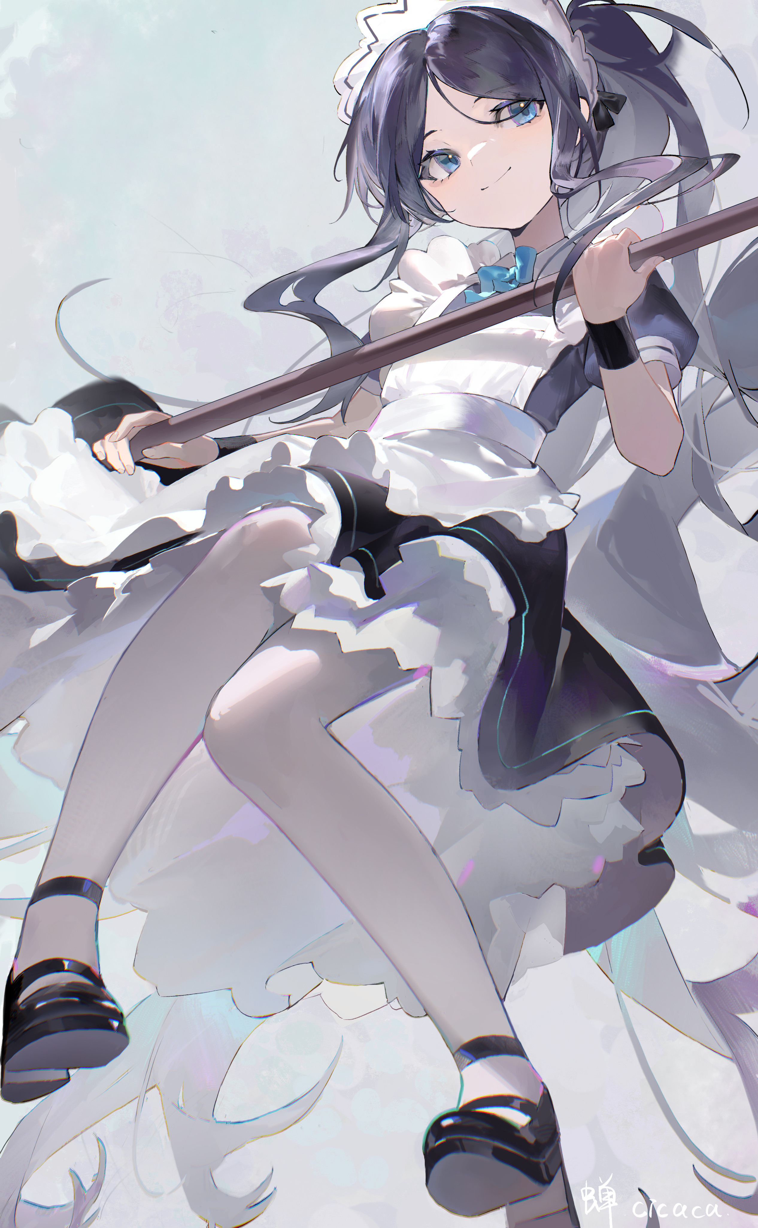 aris (blue archive), aris (maid) (blue archive), blue archive, absurdres, chinese commentary, commentary request, highres, 1girl, absurdly long hair, apron, artist name, black dress, black hair, black shoes, blue eyes, blue ribbon, borrowed clothes, closed mouth, collared dress, contrast collar, dress, frilled apron, frills, full body, holding, holding mop, long hair, long sidelocks, maid, maid apron, maid headdress, mary janes, mop, neck ribbon, official alternate costume, official alternate hairstyle, pantyhose, parted bangs, petticoat, ponytail, puffy short sleeves, puffy sleeves, ribbon, shoes, short sleeves, sidelocks, signature, smile, solo, very long hair, white apron, white headdress, white pantyhose, wristband, yingchanhua