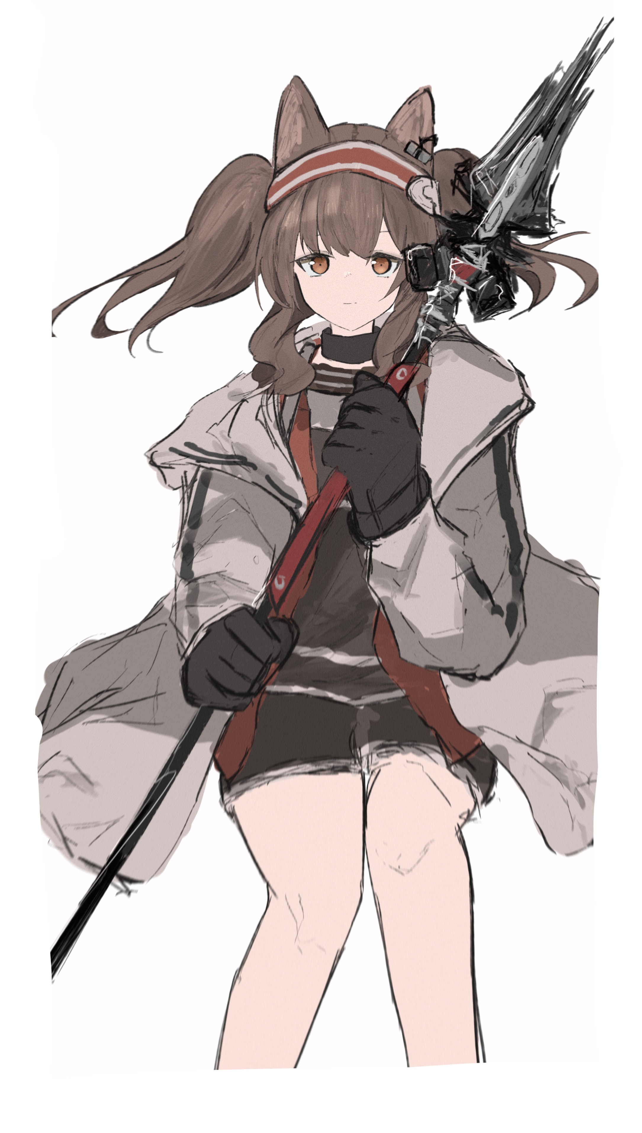 angelina (arknights), infection monitor (arknights), arknights, absurdres, commentary, english commentary, highres, 1girl, animal ears, black collar, black gloves, black shirt, black shorts, brown hair, coat, collar, cropped legs, earpiece, film grain, fox ears, fox girl, gloves, hairband, holding, holding staff, jacket, light smile, long hair, long sleeves, looking at viewer, multicolored hairband, open clothes, open coat, open jacket, orange eyes, red hairband, red jacket, ruya (tkrsn4), shirt, short shorts, shorts, sidelocks, simple background, solo, staff, straight-on, striped clothes, striped hairband, twintails, two-tone hairband, white background, white coat