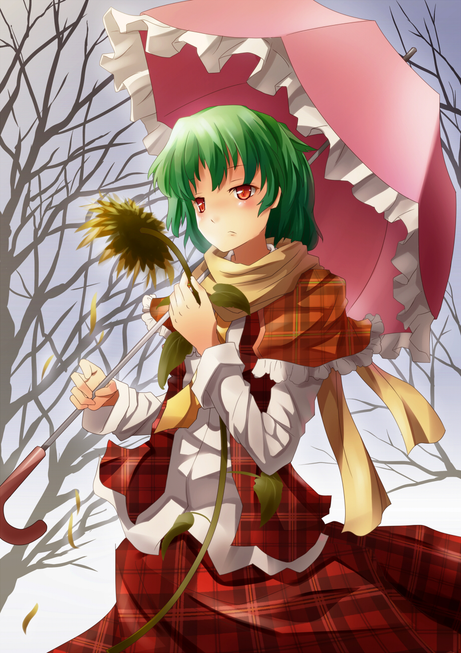 mikan (bananoha), kazami yuuka, touhou, highres, 1girl, ascot, bare tree, female focus, flower, frown, green hair, holding, holding flower, parasol, petals, plaid clothes, plaid skirt, plaid vest, red eyes, scarf, short hair, skirt, skirt set, slit pupils, solo, sunflower, tree, umbrella, unmoving pattern, vest