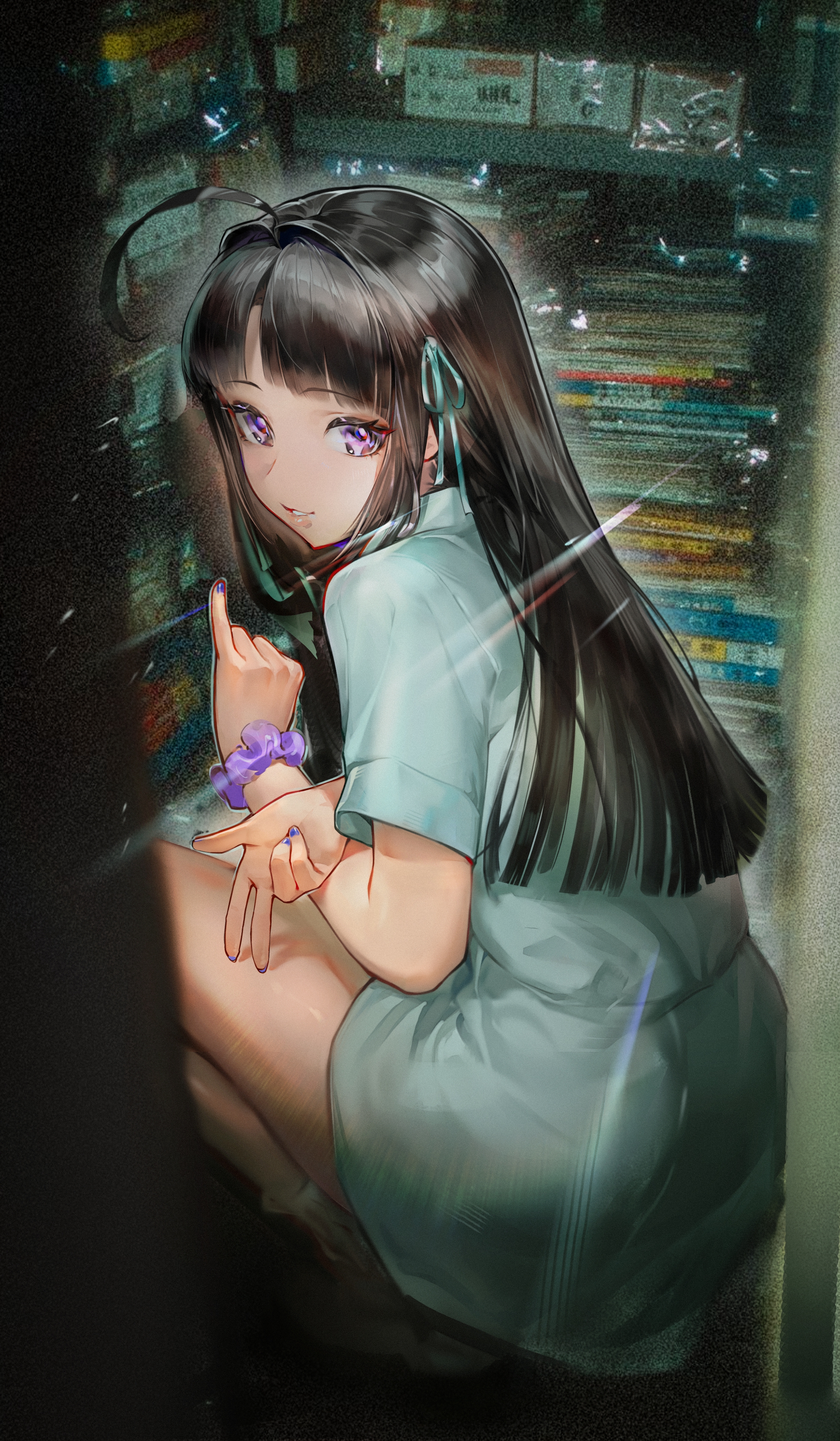 heishanlong, awa subaru, girls band cry, absurdres, chinese commentary, commentary request, highres, 1girl, ahoge, black hair, green ribbon, grey skirt, gyaru w, hair intakes, hair ribbon, long hair, looking at viewer, nail polish, open mouth, parted bangs, pinky out, purple eyes, purple nails, ribbon, shirt, skirt, solo, squatting, w, white shirt