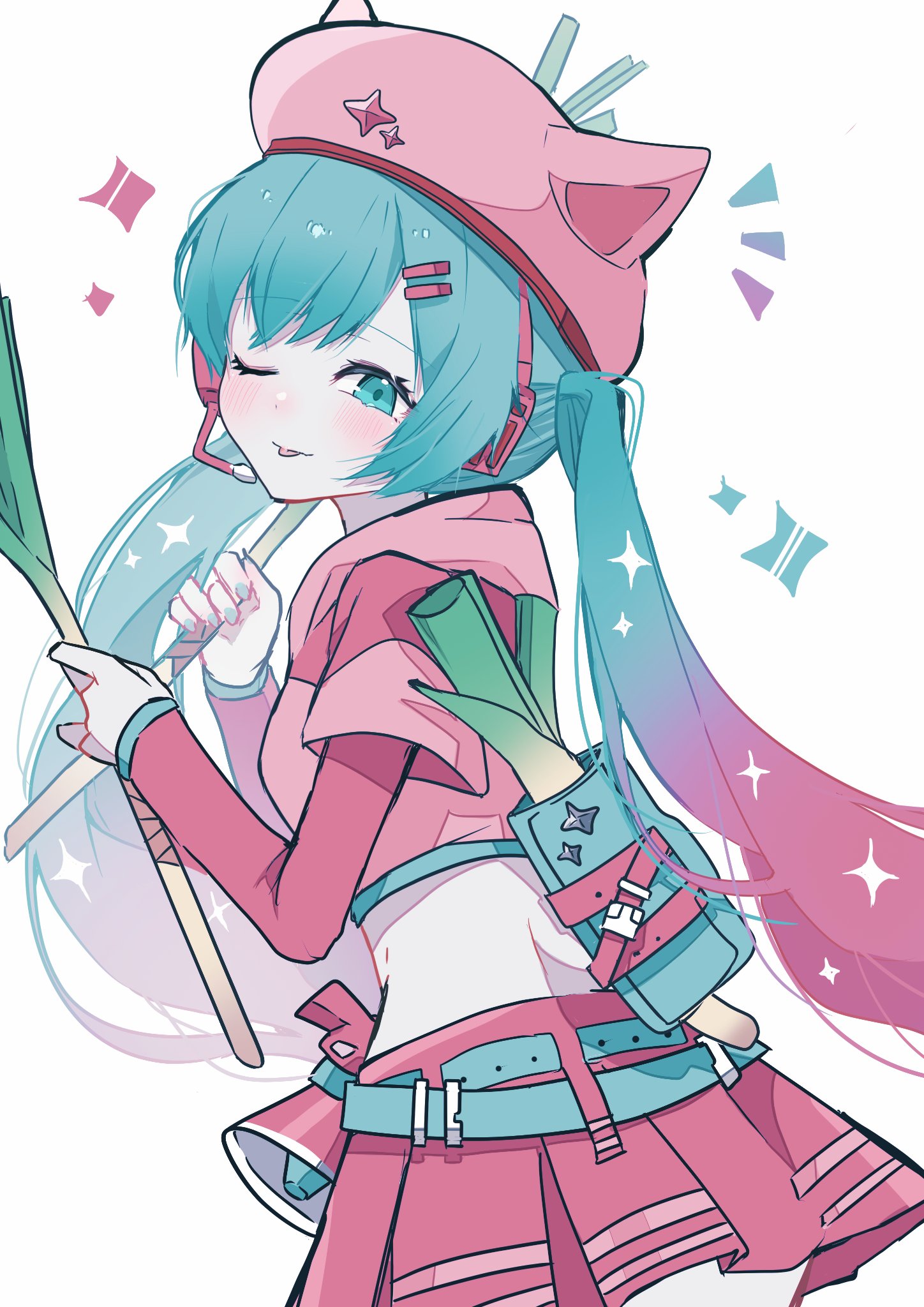 ria art, hatsune miku, neko hatsune miku, fortnite, vocaloid, commentary request, highres, 1girl, ;p, animal hat, aqua bag, aqua belt, aqua eyes, aqua hair, aqua nails, belt, blush, breasts, cat hat, closed mouth, cowboy shot, food, from side, gradient hair, hair ornament, hairclip, hat, headset, holding, holding food, holding vegetable, layered sleeves, long hair, long sleeves, looking at viewer, medium breasts, megaphone, midriff, multicolored hair, nail polish, notice lines, one eye closed, parallel hairclips, pink hair, pink hat, pink shirt, pink skirt, pleated skirt, shirt, short over long sleeves, short sleeves, simple background, skirt, solo, spring onion, tongue, tongue out, twintails, two-tone hair, vegetable, very long hair, white background