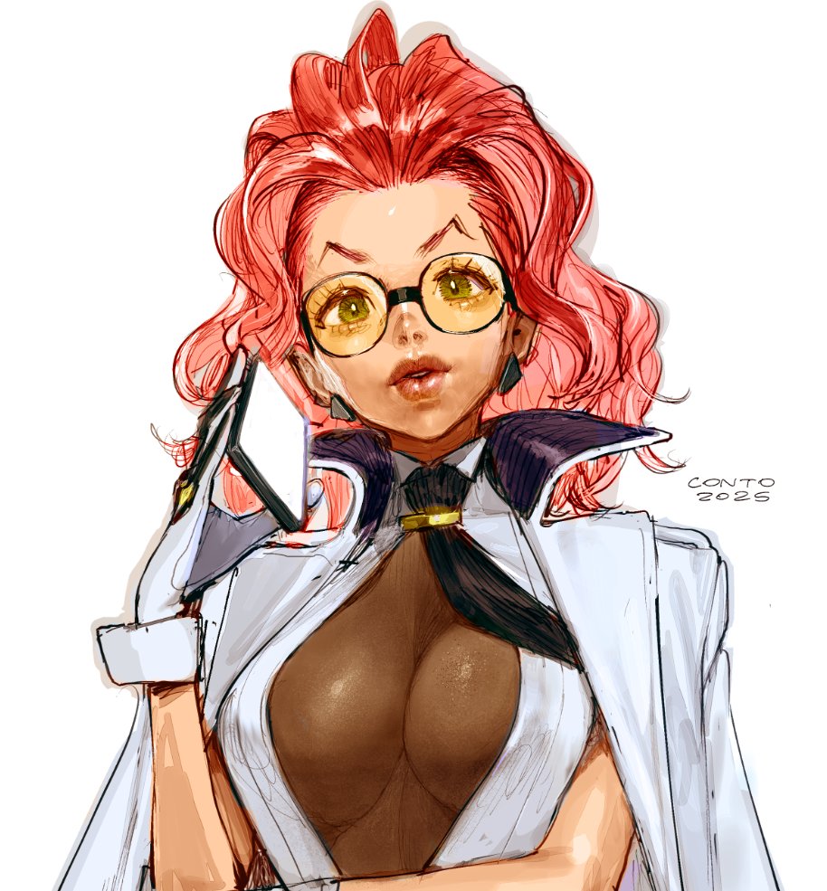 conto, crimson viper, street fighter, street fighter 6, commentary, english commentary, 1girl, 2025, black necktie, bodystocking, breasts, cellphone, cleavage, coat, dark-skinned female, dark skin, earrings, gloves, hand up, holding, holding phone, jacket, jacket on shoulders, jewelry, large breasts, long hair, looking at viewer, necktie, open clothes, open coat, parted lips, phone, red hair, smartphone, solo, sunglasses, thick lips, tinted eyewear, triangle earrings, white gloves, white jacket, yellow-tinted eyewear