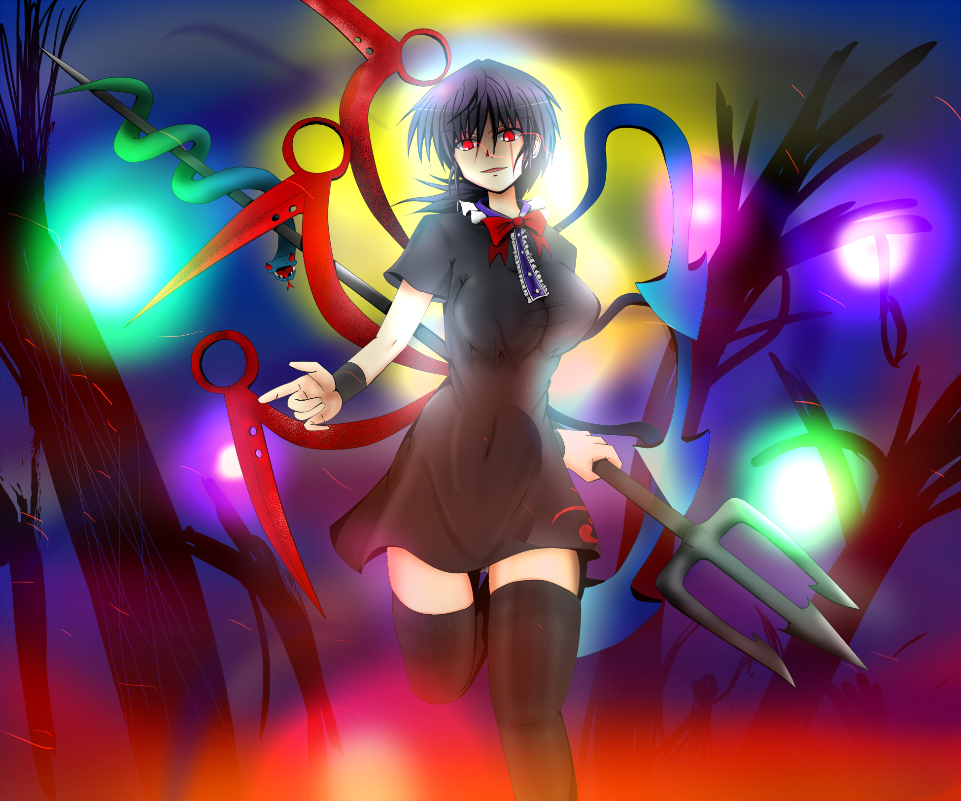 rindou (p41neko), houjuu nue, touhou, highres, 1girl, black hair, black thighhighs, breasts, dress, female focus, glowing, glowing eyes, gradient background, moon, navel, nipples, polearm, red eyes, rindoh (neko), short hair, snake, solo, spear, thighhighs, trident, weapon, wings, zettai ryouiki