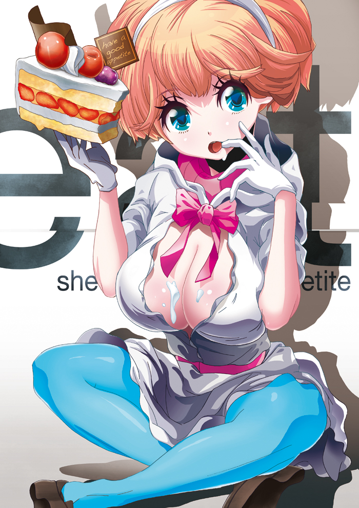 towashibuki, original, bad id, bad pixiv id, 1girl, blonde hair, blue eyes, blue pantyhose, bow, breasts, cake, cleavage, english text, engrish text, female focus, food, gloves, headband, large breasts, pantyhose, pastry, ranguage, solo