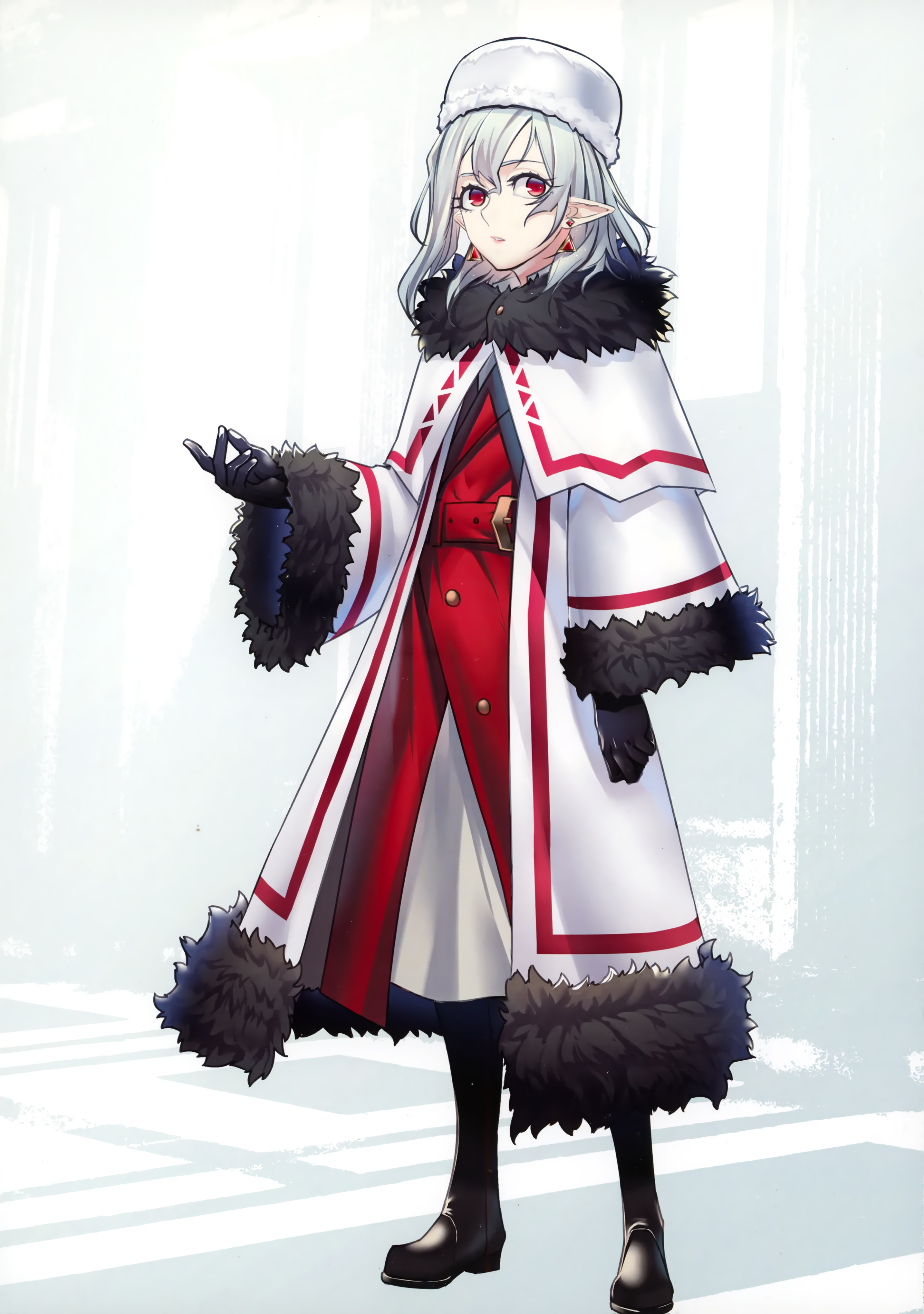 shukusuri, remilia scarlet, touhou, absurdres, highres, third-party source, 1girl, belt, black boots, black gloves, blue hair, boots, coat, earrings, full body, fur-trimmed coat, fur hat, fur trim, gloves, hair between eyes, hat, jewelry, long sleeves, looking at viewer, medium hair, papakha, parted lips, pointy ears, red belt, red coat, red eyes, solo, standing, white coat, white hat, wide sleeves