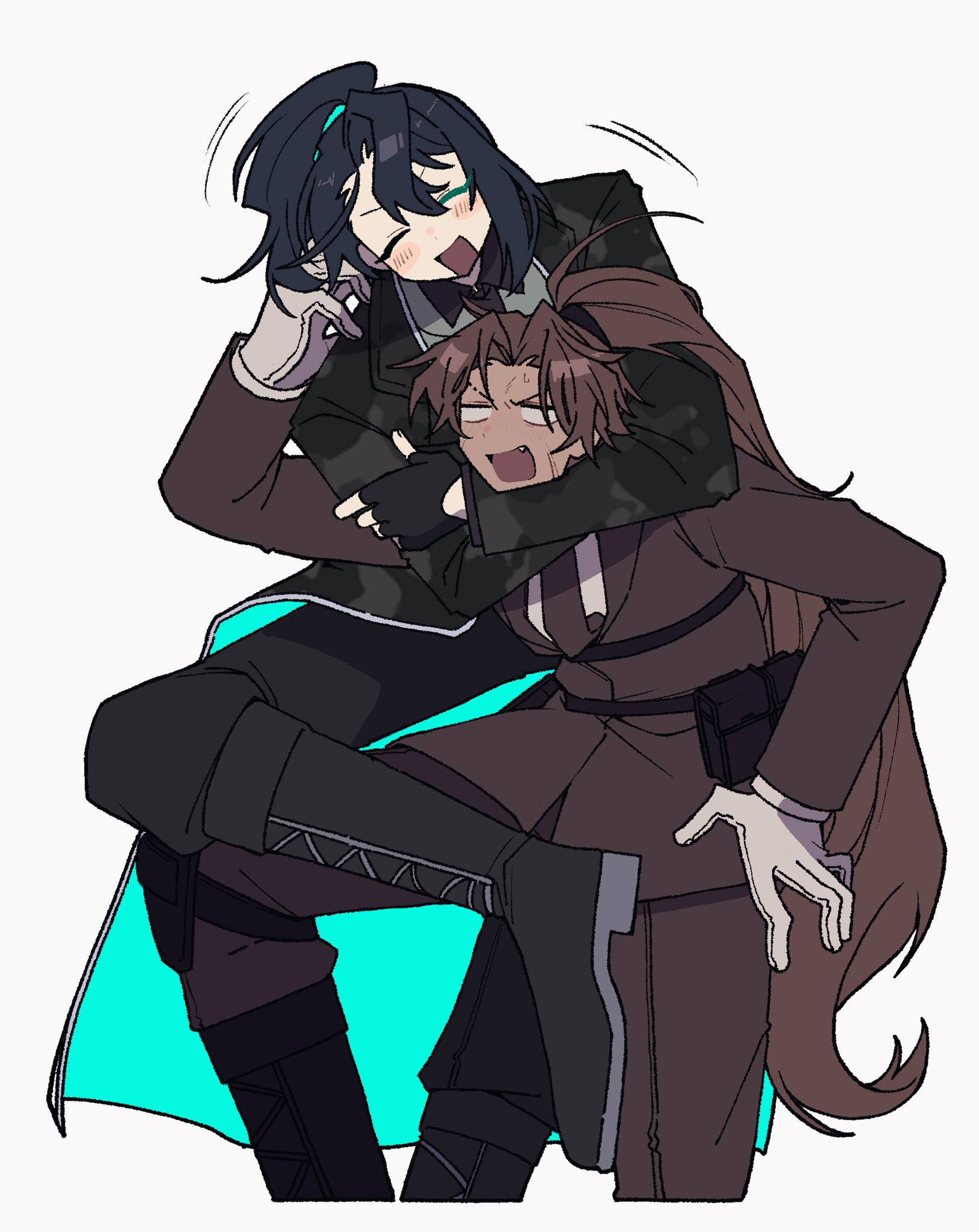 nantekottawo!!, heathcliff (project moon), hong lu (project moon), limbus company, project moon, highres, 2boys, ^ ^, black boots, black coat, black pants, blush, boots, brown hair, brown jacket, brown necktie, closed eyes, coat, fang, full-stop office (identity) (project moon), gloves, hair intakes, high ponytail, jacket, long hair, multiple boys, necktie, open mouth, pants, ponytail, shirt, simple background, smile, two-sided coat, two-sided fabric, very long hair, white background, white gloves, white shirt