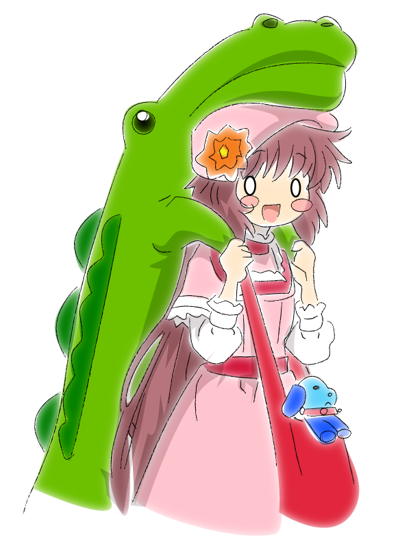 nagachi, hanato kobato, ioryogi, kobato., 00s, 0 0, 1girl, alligator, bag, blush, blush stickers, chibi, crocodilian, female focus, flower, handbag, hat, long hair, solo, stuffed toy