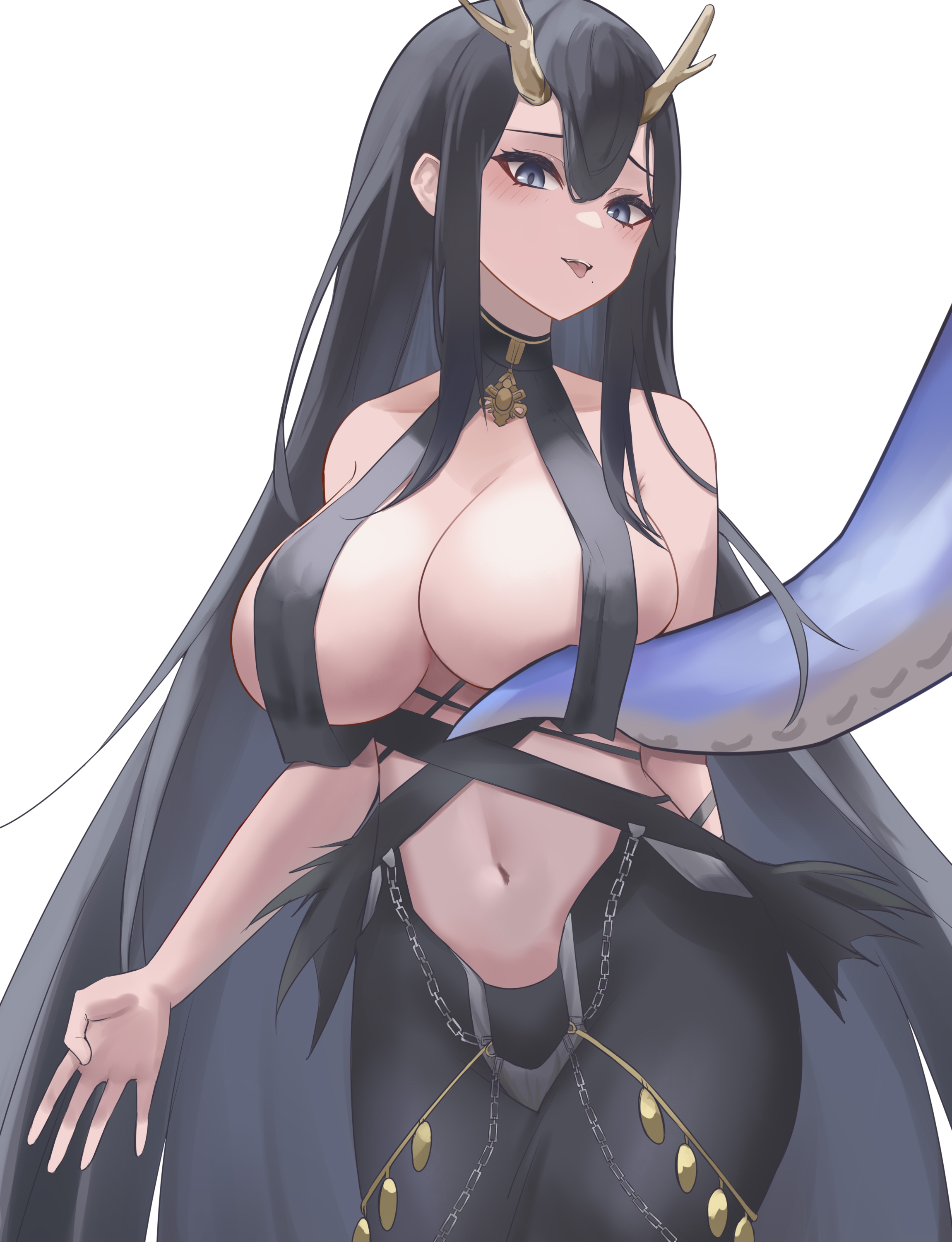 obniermarbiss, golden hind (azur lane), azur lane, absurdres, commentary request, highres, 1girl, antlers, black dress, black hair, breast curtains, breasts, cleavage, cowboy shot, dress, grey eyes, horns, large breasts, long hair, looking at viewer, navel, open mouth, reindeer antlers, revealing clothes, simple background, solo, tentacles, tongue, tongue out, very long hair, white background