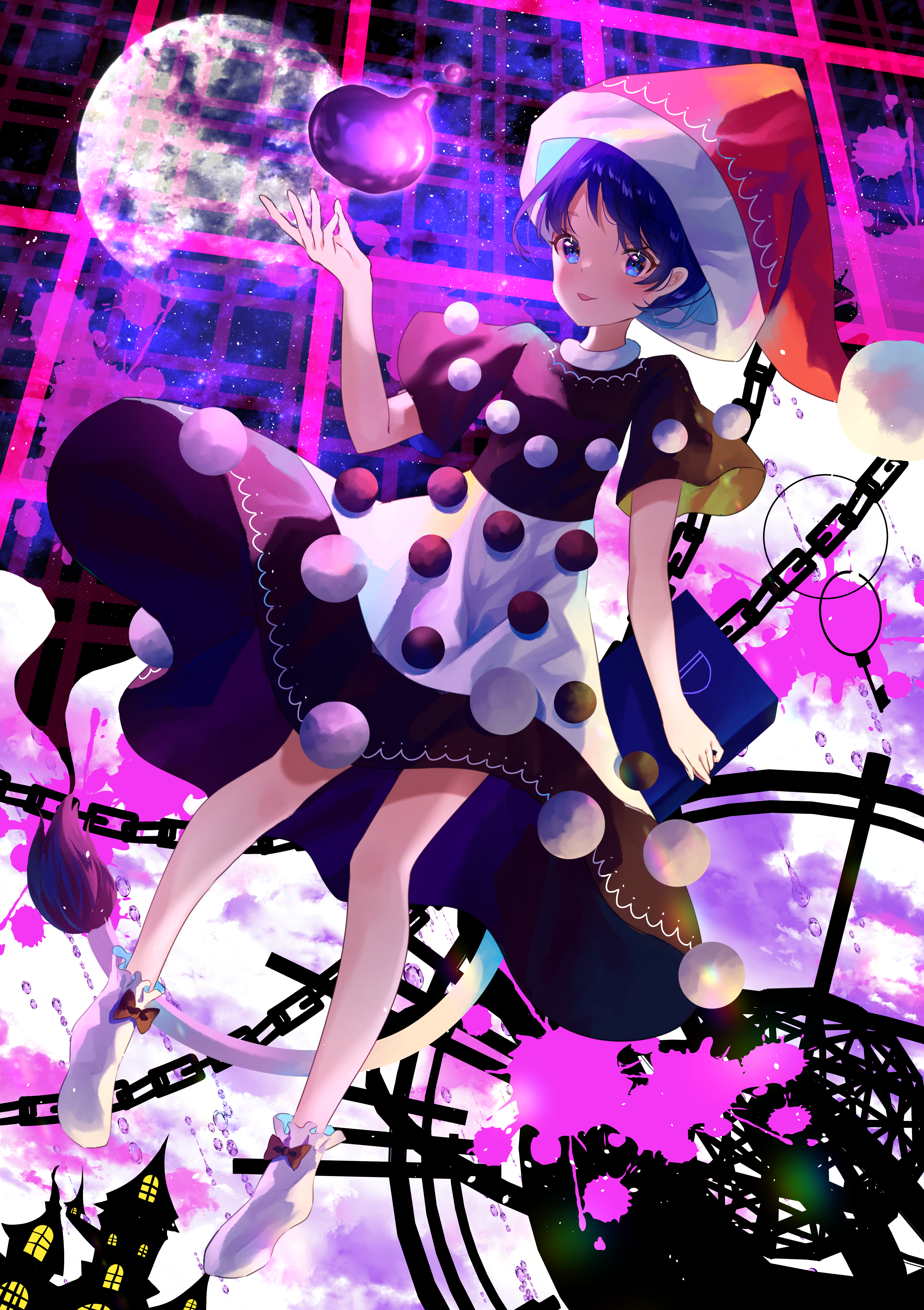 nettian51, doremy sweet, touhou, absurdres, commentary, english commentary, highres, 1girl, armillary sphere, black dress, blue eyes, blue hair, book, bow legwear, chain, dream world (touhou), dress, floating, hat, holding, holding book, large hat, mansion, moon, nightcap, open mouth, pink liquid, pom pom (clothes), red hat, short hair, socks, solo, tail, two-tone dress, white dress, white socks