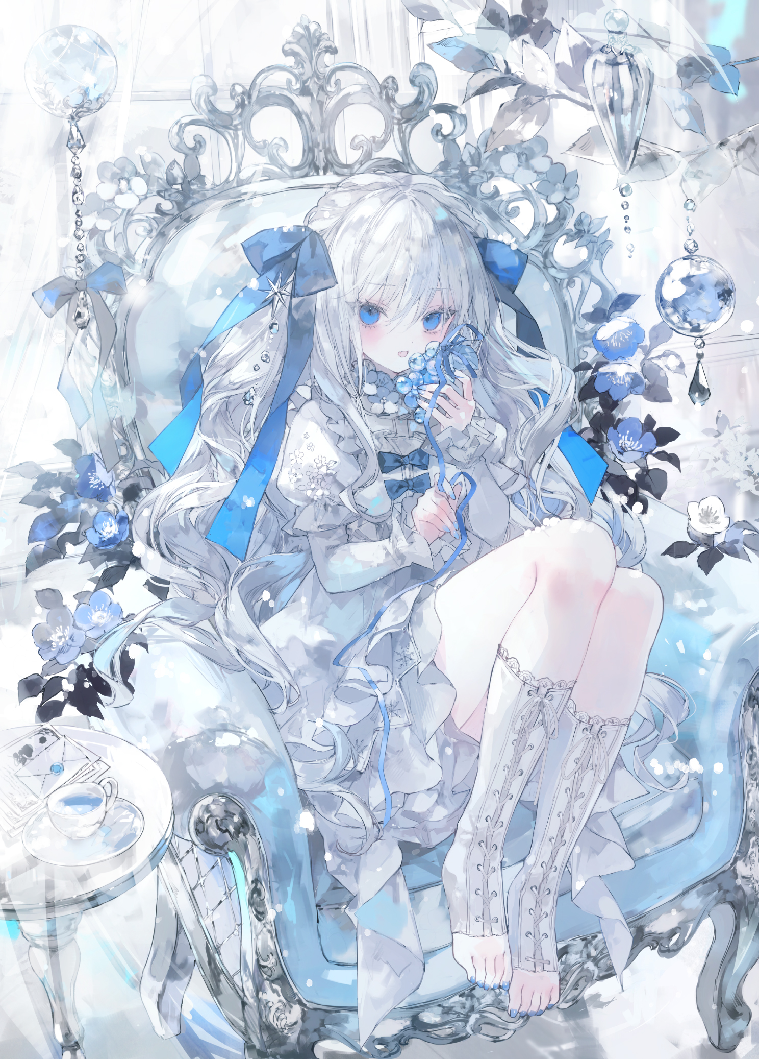 onineko, original, commentary, highres, symbol-only commentary, 1girl, armchair, blue bow, blue eyes, blue flower, blue nails, blue ribbon, boots, bow, chair, cup, dress, envelope, flower, grey boots, grey dress, grey hair, hair between eyes, hair bow, hand up, holding, knees up, layered sleeves, long hair, long sleeves, looking at viewer, nail polish, on chair, open-toe boots, parted lips, puffy short sleeves, puffy sleeves, ribbon, saucer, short over long sleeves, short sleeves, solo, table, teacup, toenail polish, toenails, very long hair, white flower