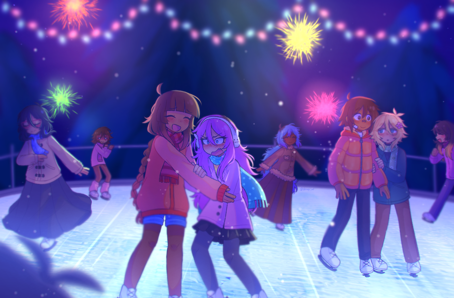 donuqx, aubrey (faraway) (omori), aubrey (omori), basil (faraway) (omori), basil (omori), kel (faraway) (omori), kel (omori), mincy (omori), sunny (omori), omori, original, commentary, english commentary, highres, 3boys, 6+girls, antenna hair, black hair, black pants, black pantyhose, black skirt, blonde hair, blue eyes, blue hair, blue scarf, blue shorts, blunt bangs, blurry, blurry background, blurry foreground, blush, braid, brown coat, brown hair, brown pants, brown pantyhose, brown skirt, closed eyes, closed mouth, coat, dark-skinned female, dark-skinned male, dark skin, double-parted bangs, earmuffs, fireworks, flower, glasses, gradient hair, green coat, green scarf, hair between eyes, hair flower, hair ornament, hood, hood down, hooded coat, ice skates, ice skating, long hair, long skirt, long sleeves, medium hair, mole, mole under eye, multicolored hair, multiple boys, multiple girls, o o, open mouth, orange coat, pants, pantyhose, pink coat, pink hair, pleated skirt, polka dot, polka dot scarf, rectangular eyewear, red-framed eyewear, red coat, red scarf, roots (hair), scarf, shorts, single braid, skates, skating, skating rink, skirt, smile, striped clothes, striped scarf, two-tone hair, vertical-striped clothes, vertical-striped scarf, vix (donuqx)