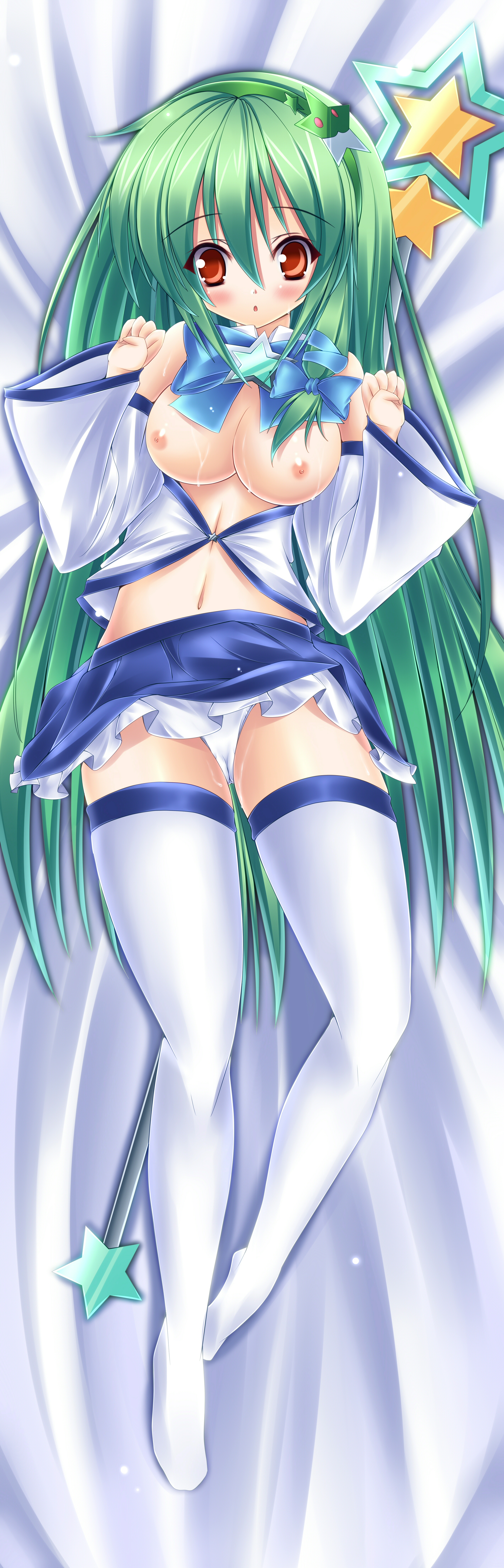 mikan (5555), kochiya sanae, touhou, absurdres, highres, long image, tall image, 1girl, :o, bed, breasts, dakimakura (medium), female focus, frog, full body, green hair, hair ornament, long hair, lying, magical girl, navel, nipples, panties, red eyes, snake, solo, staff, star (symbol), star hair ornament, thighhighs, underwear