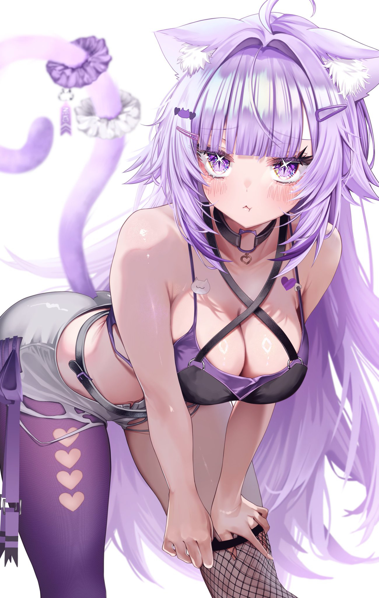 iam ciikawa, nekomata okayu, hololive, commentary request, highres, 1girl, ahoge, animal ear fluff, animal ears, asymmetrical legwear, black jacket, breasts, cat ears, cat girl, cat tail, cleavage, closed mouth, collarbone, crop top, feet out of frame, fingernails, fishnet pantyhose, fishnet thighhighs, fishnets, jacket, large breasts, long hair, looking at viewer, mismatched legwear, navel, nekomata okayu (gyaru), official alternate costume, official alternate hair length, official alternate hairstyle, pantyhose, pout, purple eyes, purple hair, purple pantyhose, purple scrunchie, scrunchie, short shorts, shorts, single leg pantyhose, single thighhigh, solo, stomach, tail, thighhighs, torn clothes, torn shorts, two-sided fabric, two-sided jacket, uneven legwear, very long hair, virtual youtuber, white scrunchie, white shorts