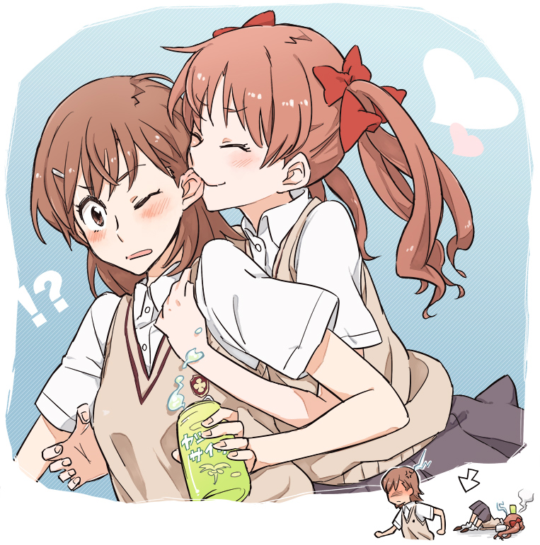 pe88y (yu tsugirls), misaka mikoto, shirai kuroko, toaru kagaku no railgun, toaru majutsu no index, biting ear, 00s, 2girls, angry, biting, blush, brown eyes, brown hair, can, faceplant, hair ribbon, multiple girls, ribbon, short hair, skirt, sweater vest, top-down bottom-up, twintails, yuri