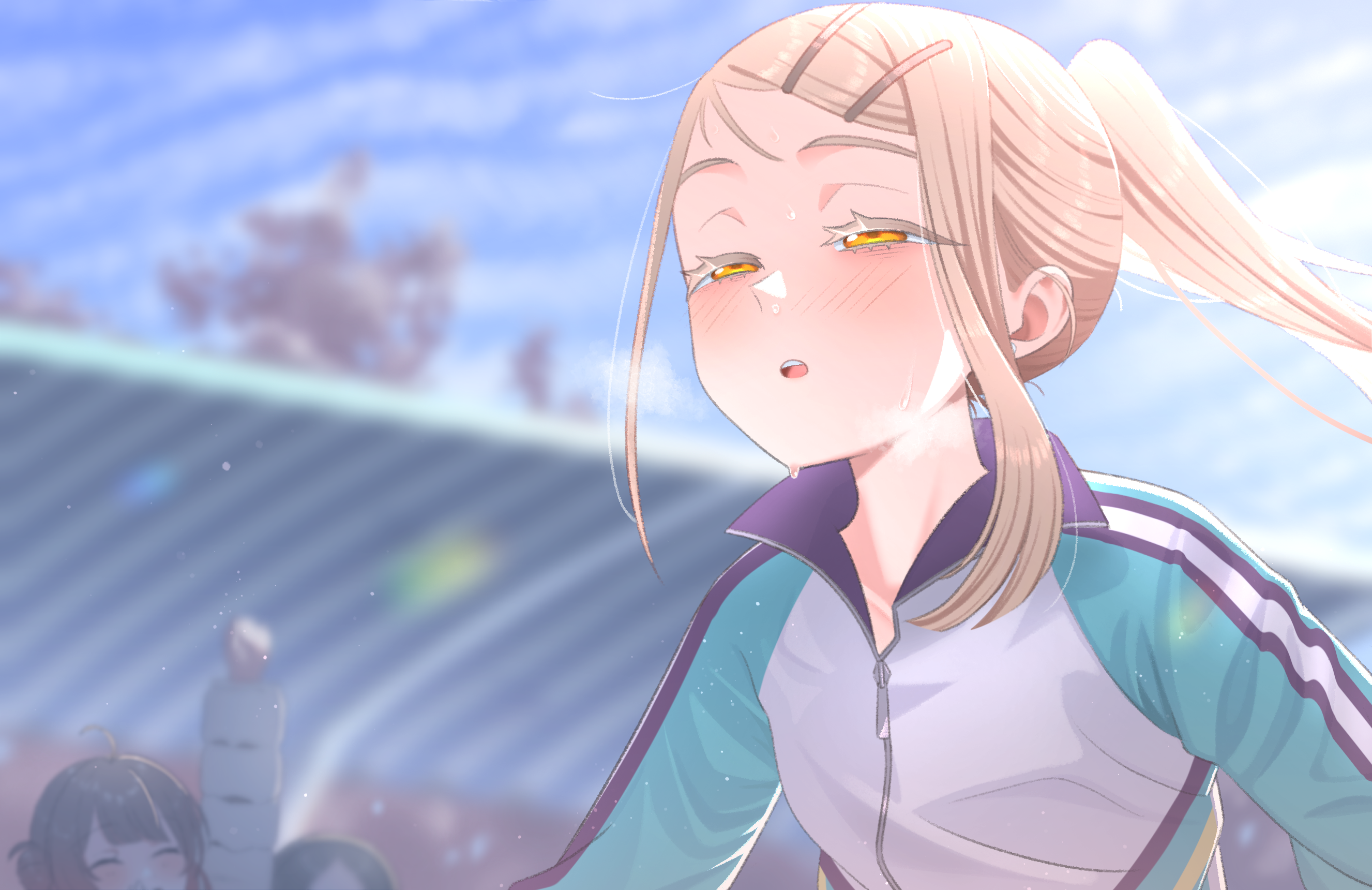 hanami ume, kuramoto china, shinosawa hiro, gakuen idolmaster, idolmaster, commentary request, highres, 3girls, blonde hair, blue sky, blurry, blurry background, blush, depth of field, earrings, green jacket, half-closed eyes, jacket, jewelry, mozaemon, multicolored jacket, multiple girls, open mouth, outdoors, partially unzipped, ponytail, running, sky, sleepy, solo focus, striped clothes, striped jacket, stud earrings, sweat, swept bangs, track jacket, white jacket, zipper, zipper pull tab