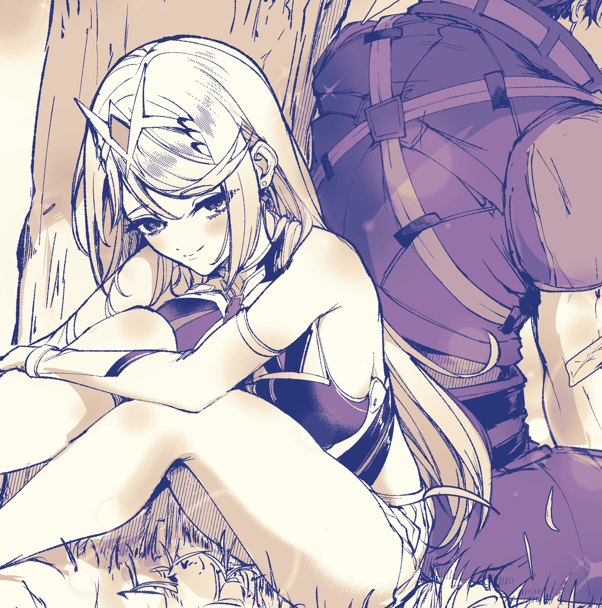 yatai (ya2taic), mythra (xenoblade), rex (xenoblade), xenoblade chronicles (series), xenoblade chronicles 2, xenoblade chronicles 3, xenoblade chronicles 3: future redeemed, commentary request, highres, 1boy, 1girl, back-to-back, bare shoulders, blush, breasts, dress, large breasts, long hair, microdress, partially colored, sitting, smile, solo focus, tiara, tree