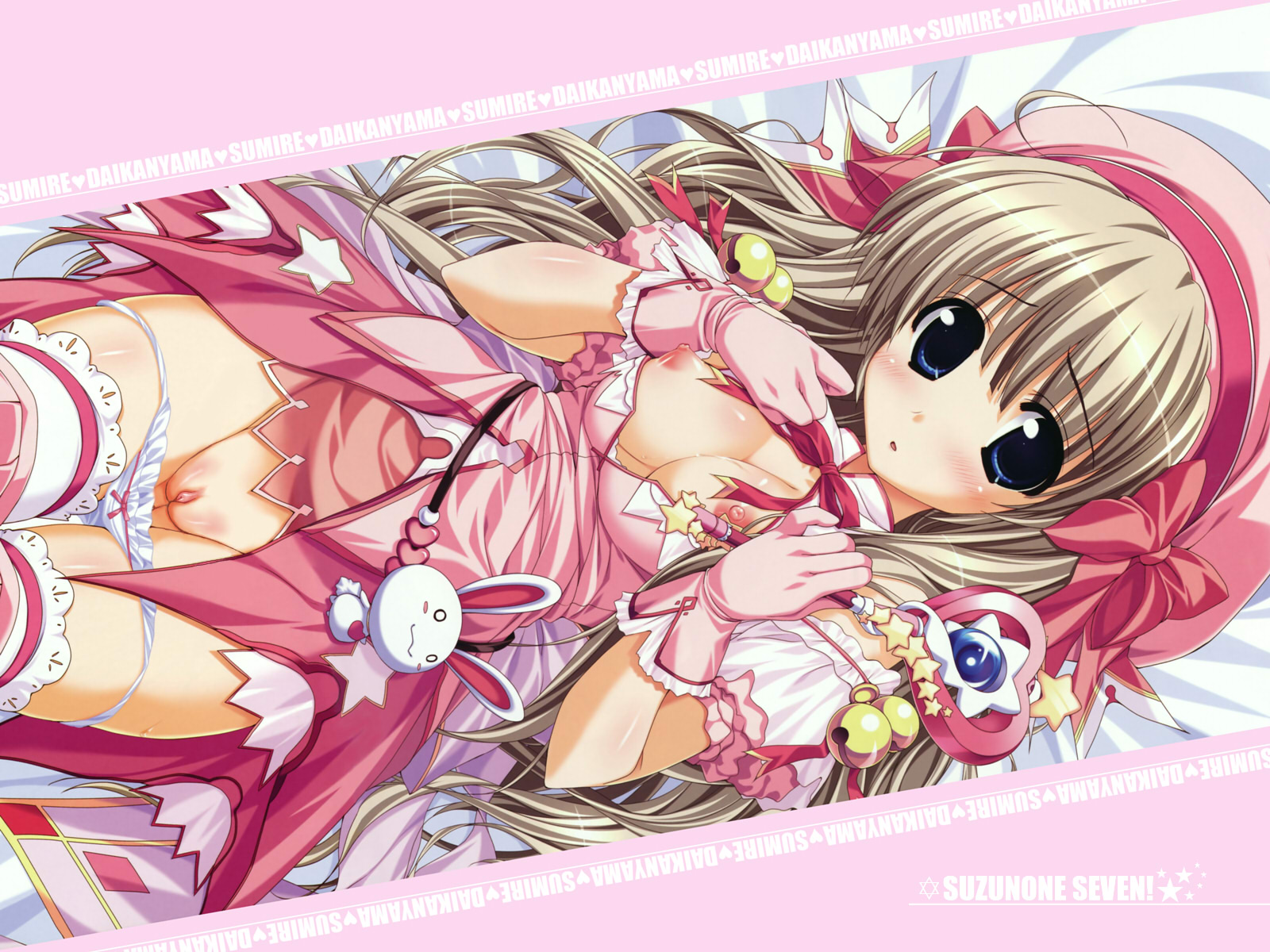 oshiki hitoshi, daikan'yama sumire, suzunone seven, highres, tagme, 1girl, bed, blonde hair, blue eyes, breasts, clitoris, dakimakura (medium), female focus, panties, pussy, solo, uncensored, underwear, wand