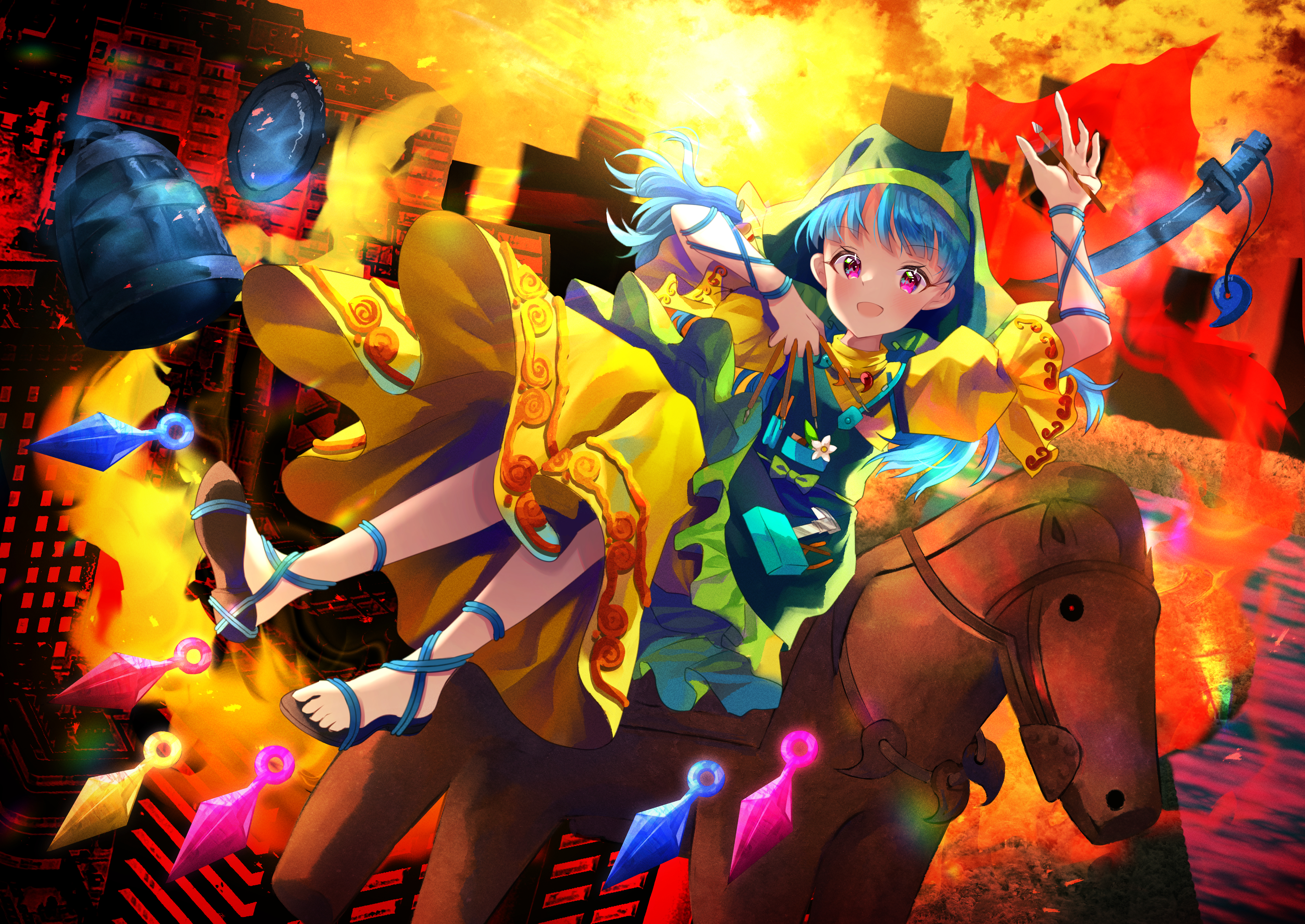 nettian51, haniyasushin keiki, touhou, absurdres, commentary, english commentary, highres, 1girl, :d, apron, between fingers, blue hair, blush, cityscape, clay, flip-flops, frilled apron, frills, green apron, green hat, green headscarf, hat, headscarf, holding, kunai, long hair, looking at viewer, open mouth, purple eyes, sandals, shirt, sitting, skirt, sleeve garter, smile, weapon, white shirt, yellow skirt