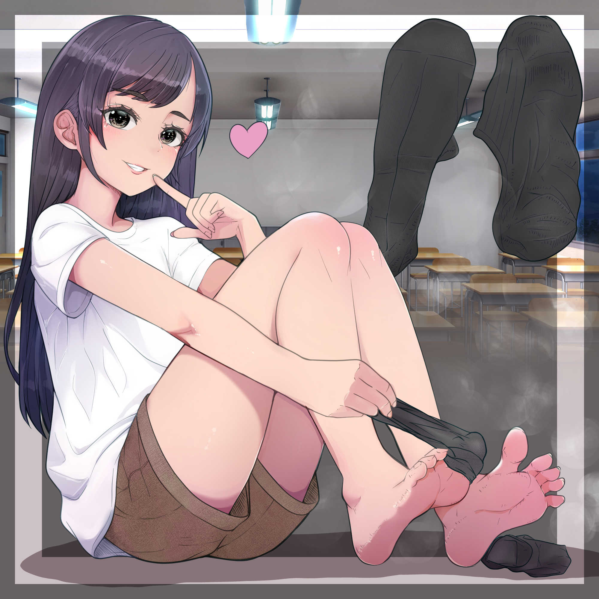 lumina414, highres, 1girl, barefoot, black eyes, black hair, black socks, feet, finger to mouth, grin, light blush, long hair, looking at viewer, shirt, shorts, smile, socks, soles, steam, t-shirt, toes, unworn socks