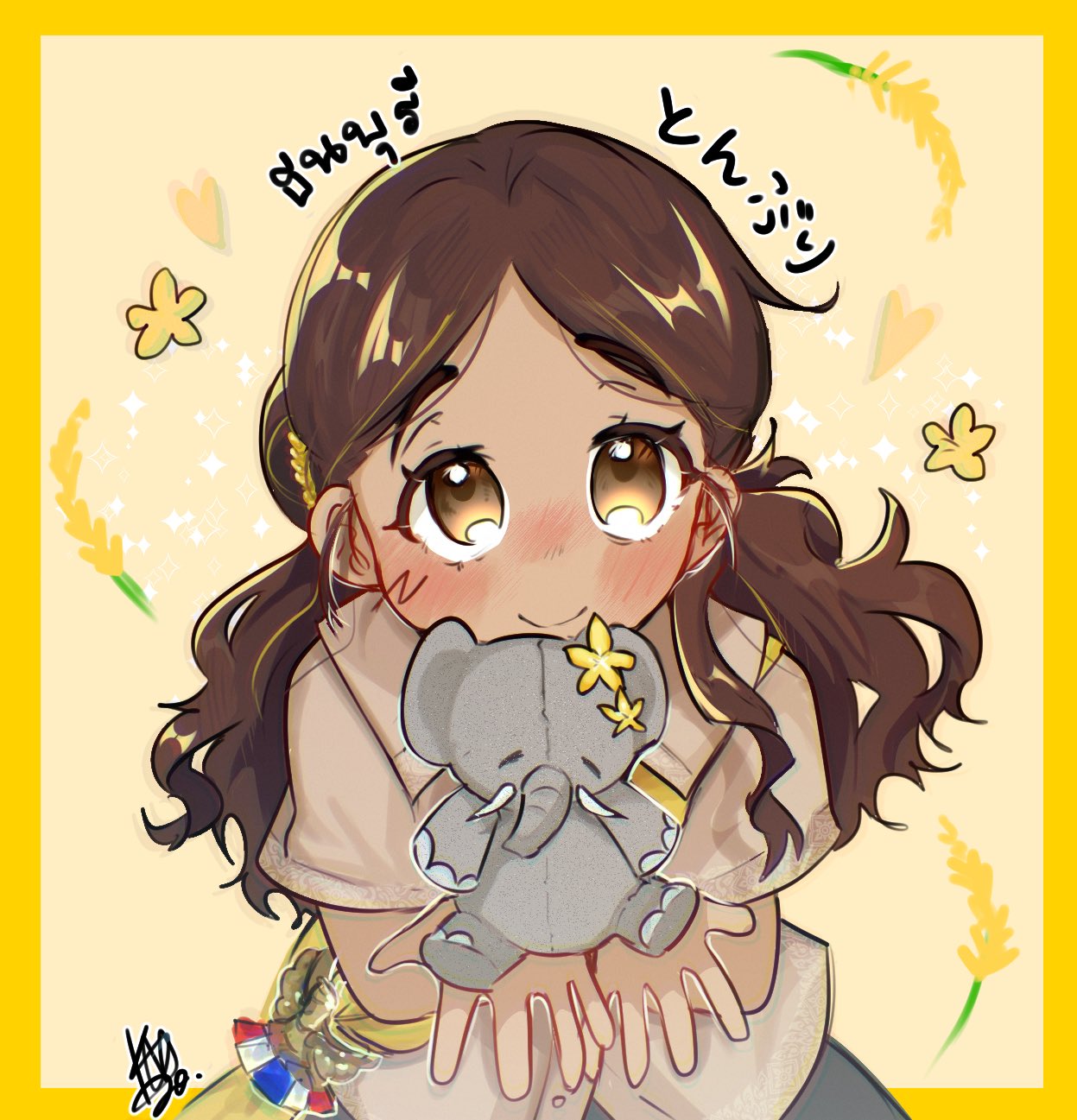 kantai collection, commentary request, highres, 1girl, brown eyes, brown hair, brown shirt, character name, dark-skinned female, dark skin, elephant, hair bun, kanzo(rest), long hair, military uniform, sash, shirt, smile, thai text, thonburi (kancolle), upper body