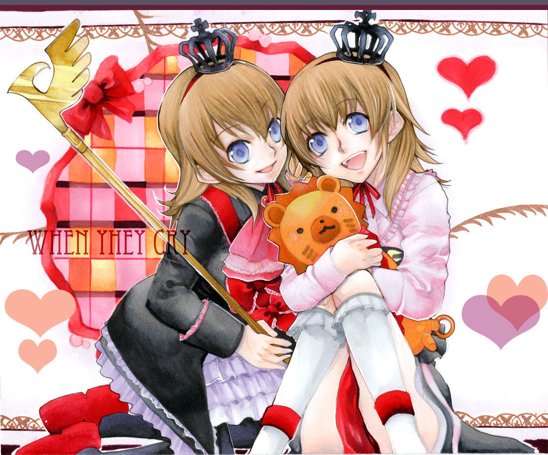noppo, maria (umineko), sakutarou (umineko), ushiromiya maria, umineko no naku koro ni, traditional media, 00s, blue eyes, bow, bowtie, brown hair, crown, dress, dual persona, frills, ribbon, short hair, smile, socks, staff
