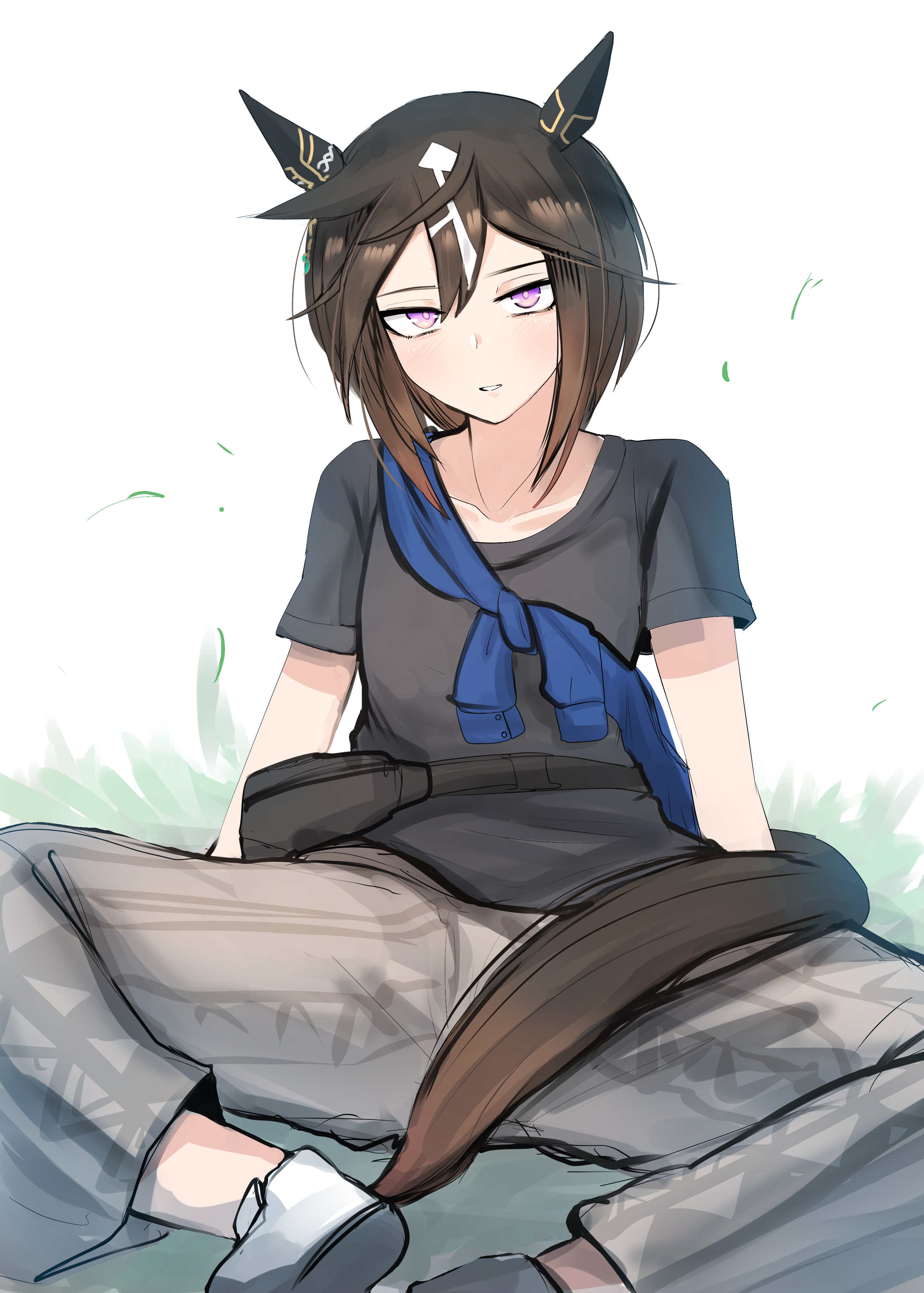 kanikama25, stay gold (umamusume), umamusume, absurdres, commentary request, highres, 1girl, animal ears, black hair, black shirt, blue shirt, blush, brown hair, casual, collarbone, ear covers, fanny pack, hair between eyes, horse ears, horse girl, horse tail, long hair, looking at viewer, multicolored hair, pants, parted lips, purple eyes, shirt, shoes, sitting, stay gold (casual) (umamusume), streaked hair, tail, white hair