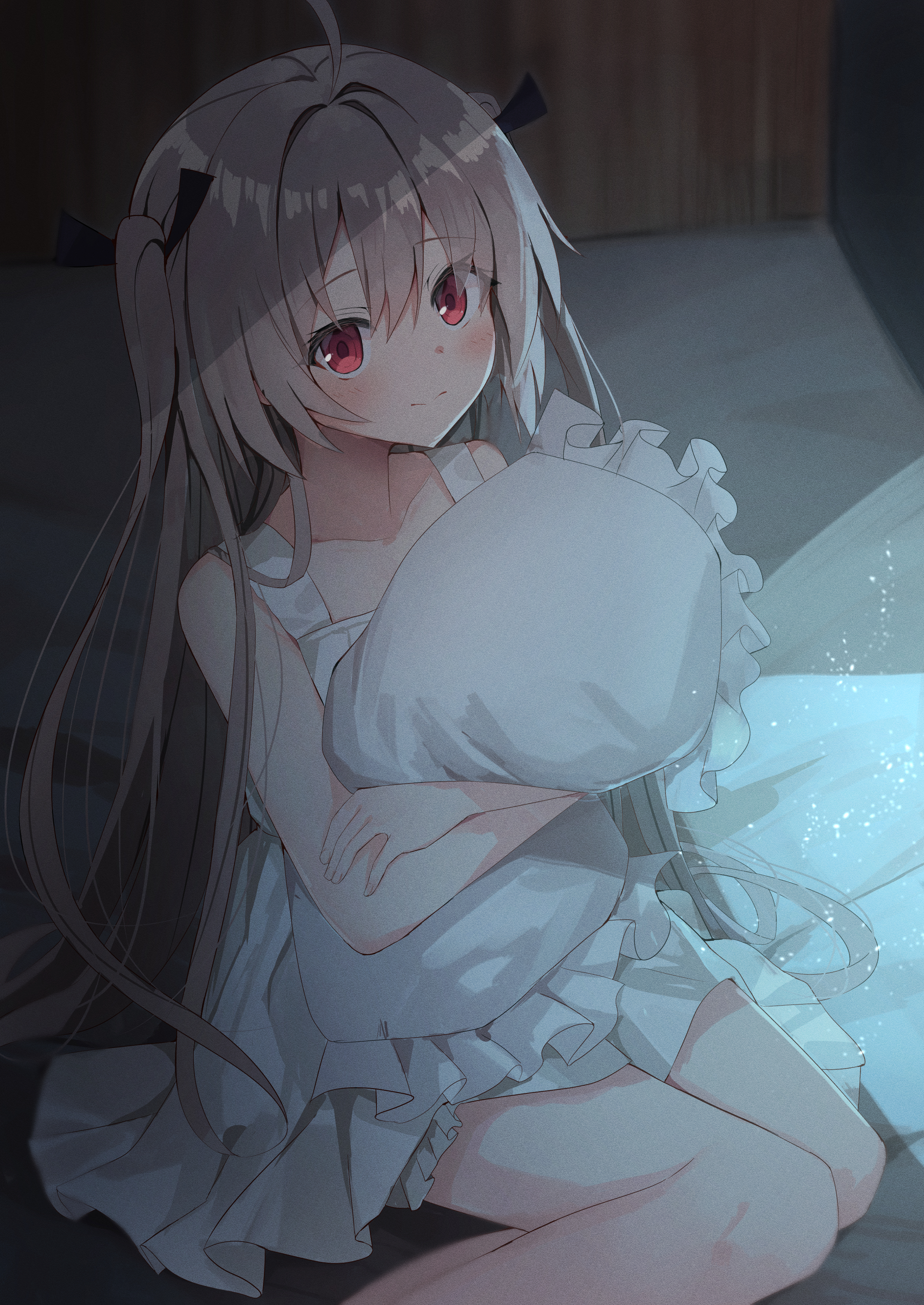 nodoameyatou, atri, atri-my dear moments-, absurdres, commentary, highres, 1girl, ahoge, black ribbon, blush, brown hair, closed mouth, collarbone, dress, eyelashes, eyes visible through hair, feet out of frame, film grain, frilled dress, frilled pillow, frills, hair between eyes, hair intakes, hair over shoulder, hair ribbon, hugging object, indoors, light particles, lingerie, long hair, looking at viewer, negligee, official alternate costume, on bed, pillow, pillow hug, red eyes, ribbon, sidelighting, sidelocks, sitting, sleeveless, sleeveless dress, smile, solo, split mouth, straight hair, two side up, underwear, very long hair, white dress, window shadow, yokozuwari