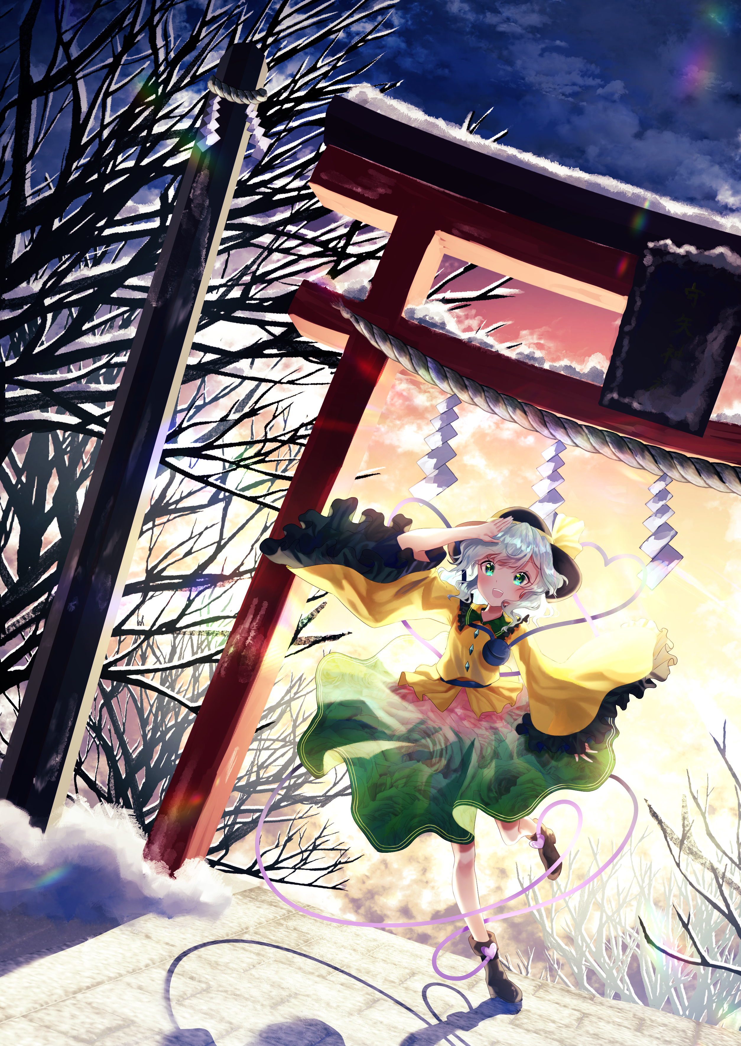 nettian51, komeiji koishi, touhou, absurdres, commentary, highres, 1girl, :d, bare tree, black hat, black shoes, blush, bow, buttons, cloud, collared shirt, contrast collar, diamond button, evening, floral print, frilled shirt collar, frilled sleeves, frills, green eyes, green hair, green skirt, hand on own head, hat, hat bow, heart, heart of string, long sleeves, night, open mouth, rose print, shadow, shirt, shoes, short hair, skirt, smile, snow, solo, teeth, third eye, torii, tree, upper teeth only, walking, wide sleeves, winter, yellow bow, yellow shirt