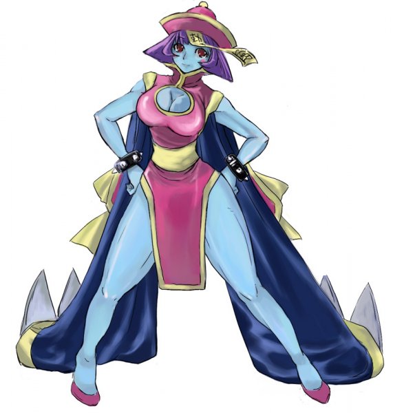 doru riheko, hsien-ko, capcom, darkstalkers, resized, 1girl, blue skin, blush, bracelet, breasts, chinese clothes, cleavage, cleavage cutout, hands on own hips, hat, jewelry, jiangshi, large breasts, legs, pixiv thumbnail, smile, spiked bracelet, spikes, thick thighs, thighs