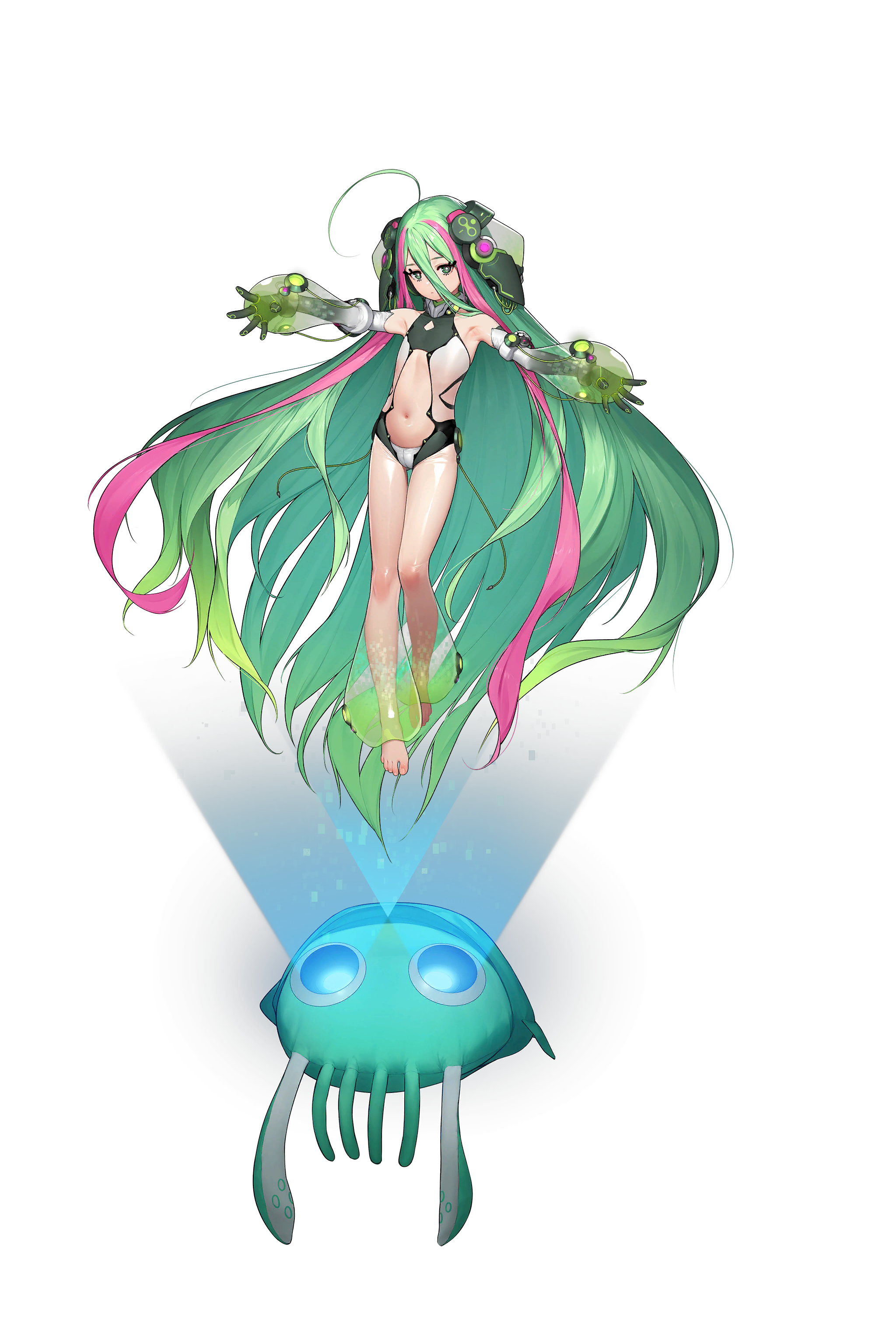 beeeeen, ireina (last origin), last origin, absurdres, highres, non-web source, official art, 1girl, ahoge, armpits, detached sleeves, flat chest, full body, gloves, green eyes, green hair, hair between eyes, hair ornament, hologram, huge ahoge, iridescent clothes, long hair, looking at viewer, multicolored hair, navel, pink hair, see-through clothes, see-through pantyhose, short shorts, shorts, solo, squid, tachi-e, transparent background, two-tone hair, very long hair
