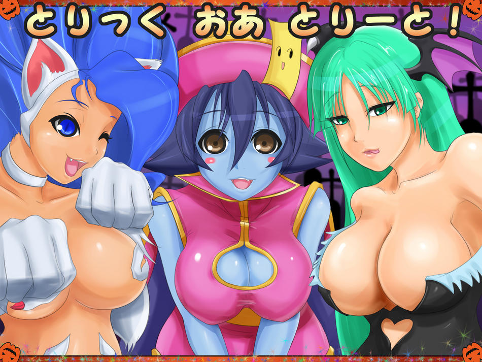 felicia (darkstalkers), hsien-ko, mei-ling (darkstalkers), morrigan aensland, capcom, darkstalkers, artist request, translation request, 3girls, animal ears, aqua hair, blue eyes, blue hair, blue skin, blush, breasts, brown eyes, cat ears, cleavage, cleavage cutout, clothing cutout, colored skin, demon girl, fang, green eyes, head wings, large breasts, licking lips, looking at viewer, multiple girls, naughty face, one eye closed, smile, text focus, tongue, tongue out, wings, wink