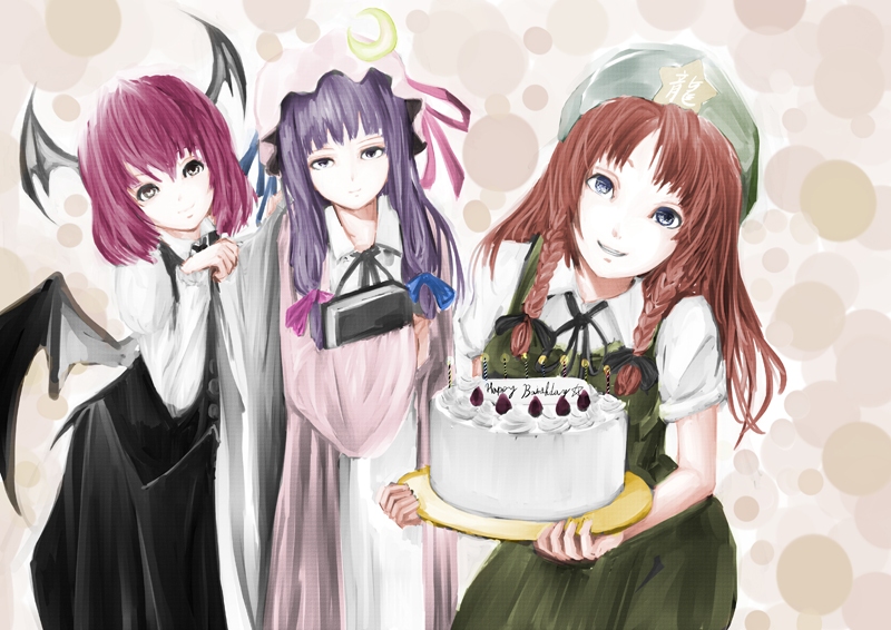 matsukaze881, hong meiling, koakuma, patchouli knowledge, embodiment of scarlet devil, touhou, bad id, bad pixiv id, 3girls, bat wings, book, braid, cake, candle, crescent moon, dress, female focus, food, hair ribbon, hat, head wings, moon, multiple girls, pastry, purple hair, red hair, ribbon, smile, star (symbol), twin braids, wings