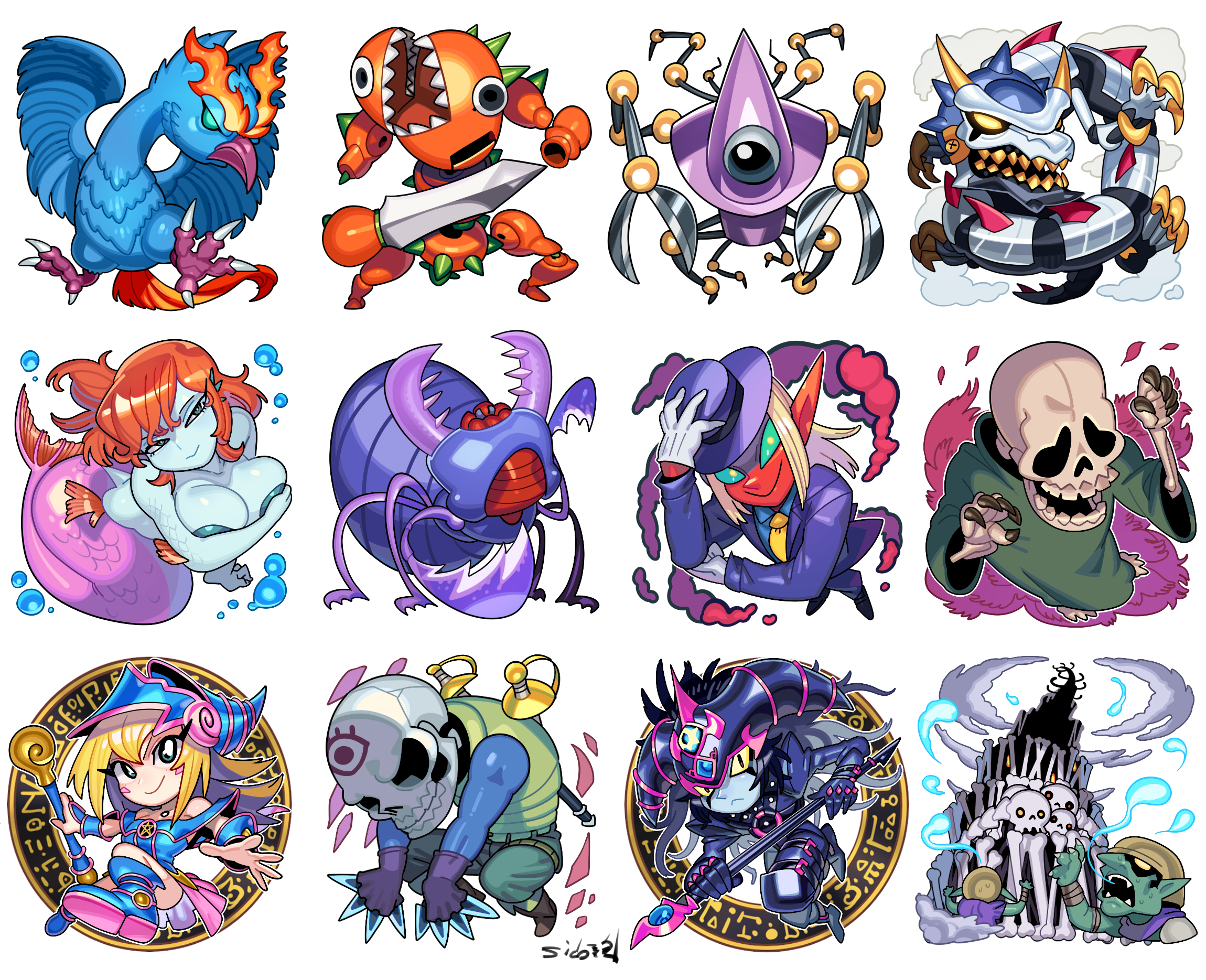 sido (slipknot), dark magician girl, dark magician of chaos, enchanting mermaid, yu-gi-oh!, commentary request, highres, 2girls, alinsection, bare shoulders, bird, blocker (yu-gi-oh), blonde hair, blue-winged crown, blue boots, blue hat, blue skirt, blush stickers, boots, brave scizzar, bug, chibi, chibi only, colored skin, dark assailant, dragon, duel monster, green robe, hair between eyes, hat, holding, holding staff, holding wand, long hair, mermaid, metal dragon (yu-gi-oh), monster girl, multiple girls, non-humanoid robot, one-eyed, orange hair, red skin, robe, robot, robot dragon, skeleton, skirt, smile, soul-absorbing bone tower, staff, sword, the wandering doomed, wand, weapon, witty phantom, wizard hat