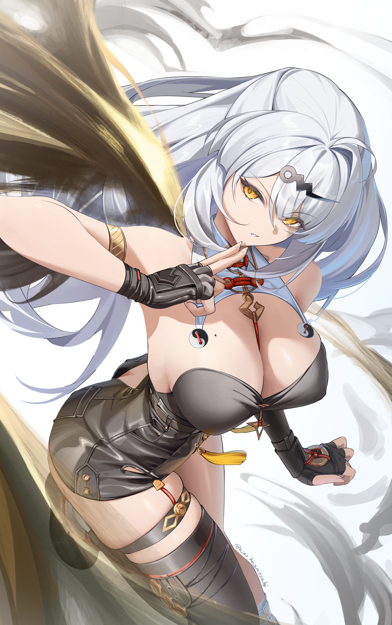 hino kagutsuki, yixuan (zenless zone zero), zenless zone zero, commentary request, highres, 1girl, adapted costume, black gloves, black sleeves, black thighhighs, black unitard, breasts, fingerless gloves, gloves, kuji-in, large breasts, long hair, looking at viewer, mole, mole on breast, parted lips, simple background, single sleeve, single thighhigh, solo, strapless, thighhighs, white background, white hair, yellow eyes