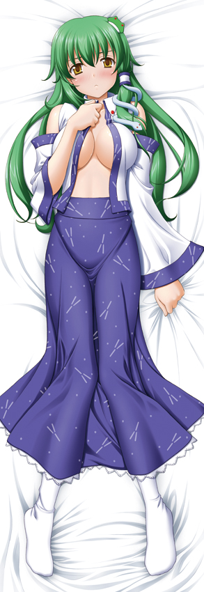 sin-go, kochiya sanae, touhou, 1girl, bed, breasts, dakimakura (medium), detached sleeves, female focus, frog, full body, green hair, japanese clothes, large breasts, long hair, lying, miko, skirt, snake, socks, solo, white background, yellow eyes