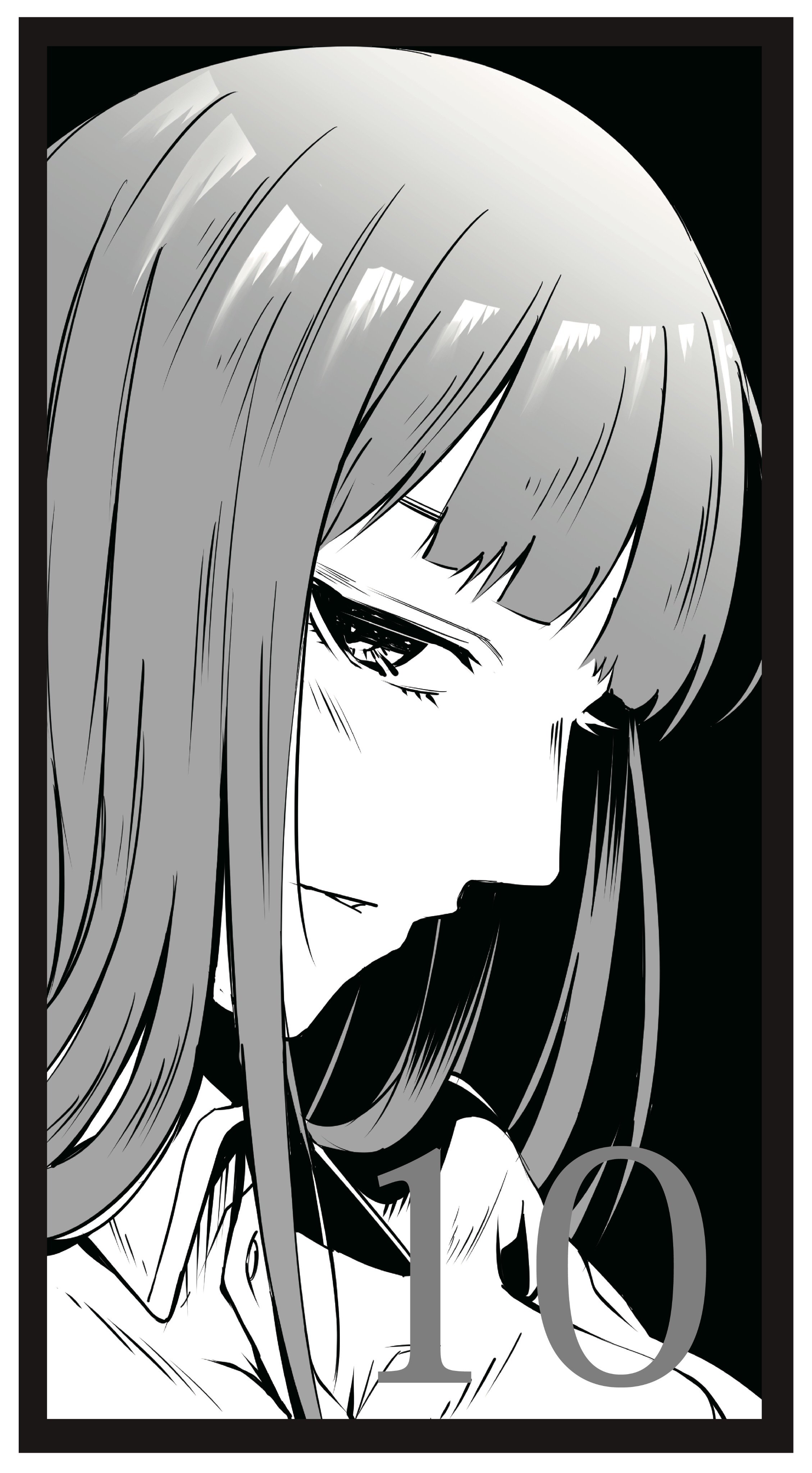 yakku, shiina kagari, science adventure, steins;gate, steins;gate 0, absurdres, commentary request, highres, 1girl, black background, black border, blunt bangs, border, dress shirt, greyscale, long hair, looking at viewer, monochrome, portrait, shirt, solo, upper body