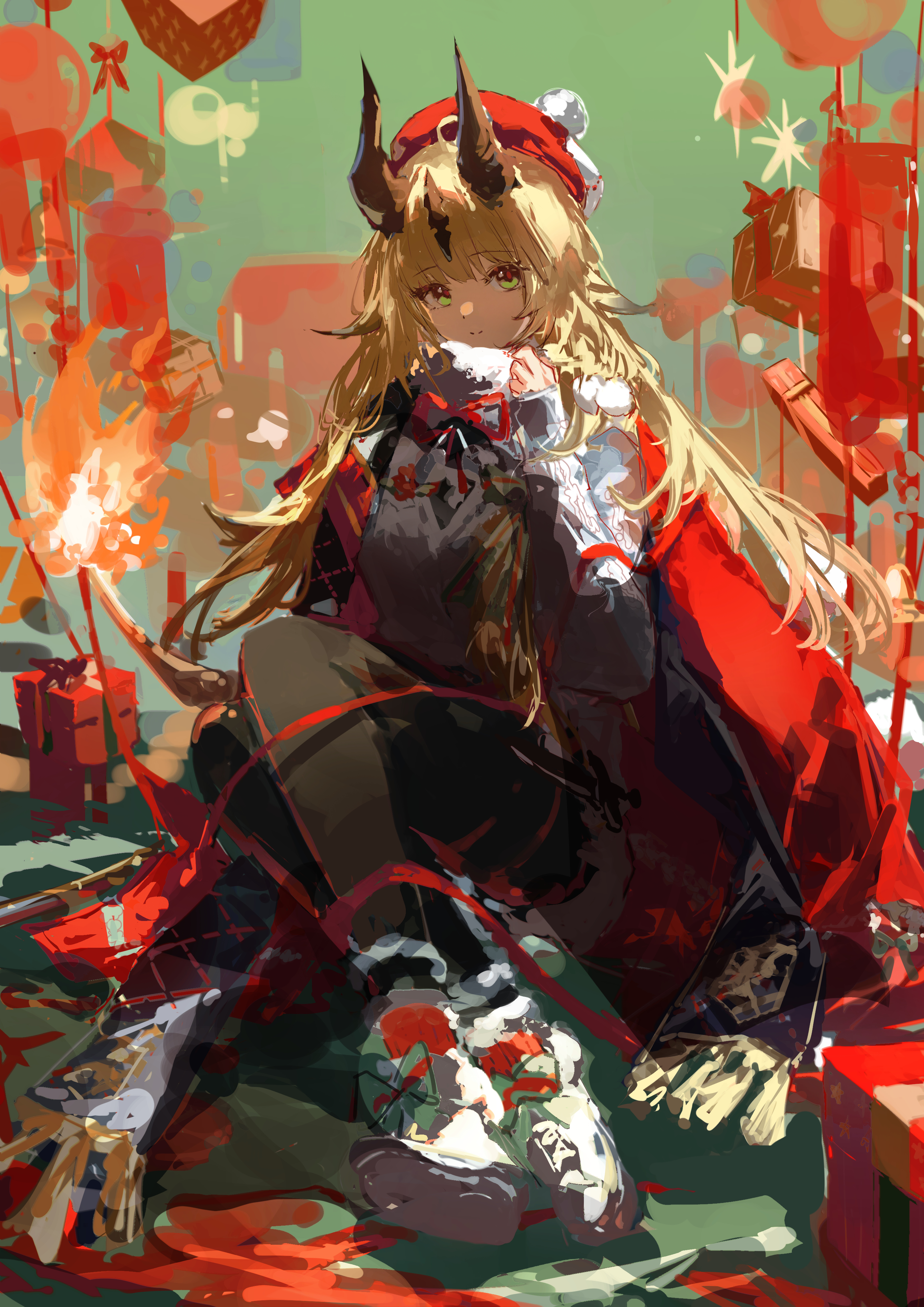 laoshi wo hao e, reed (arknights), reed the flame shadow (arknights), arknights, absurdres, chinese commentary, commentary request, highres, 1girl, black horns, black vest, blonde hair, breasts, cape, gift, green eyes, hand up, horns, long hair, looking at viewer, official alternate costume, pink pupils, red cape, reed the flame shadow (glowing flame in the night) (arknights), shoes, sweater, very long hair, vest, white shoes, white sweater