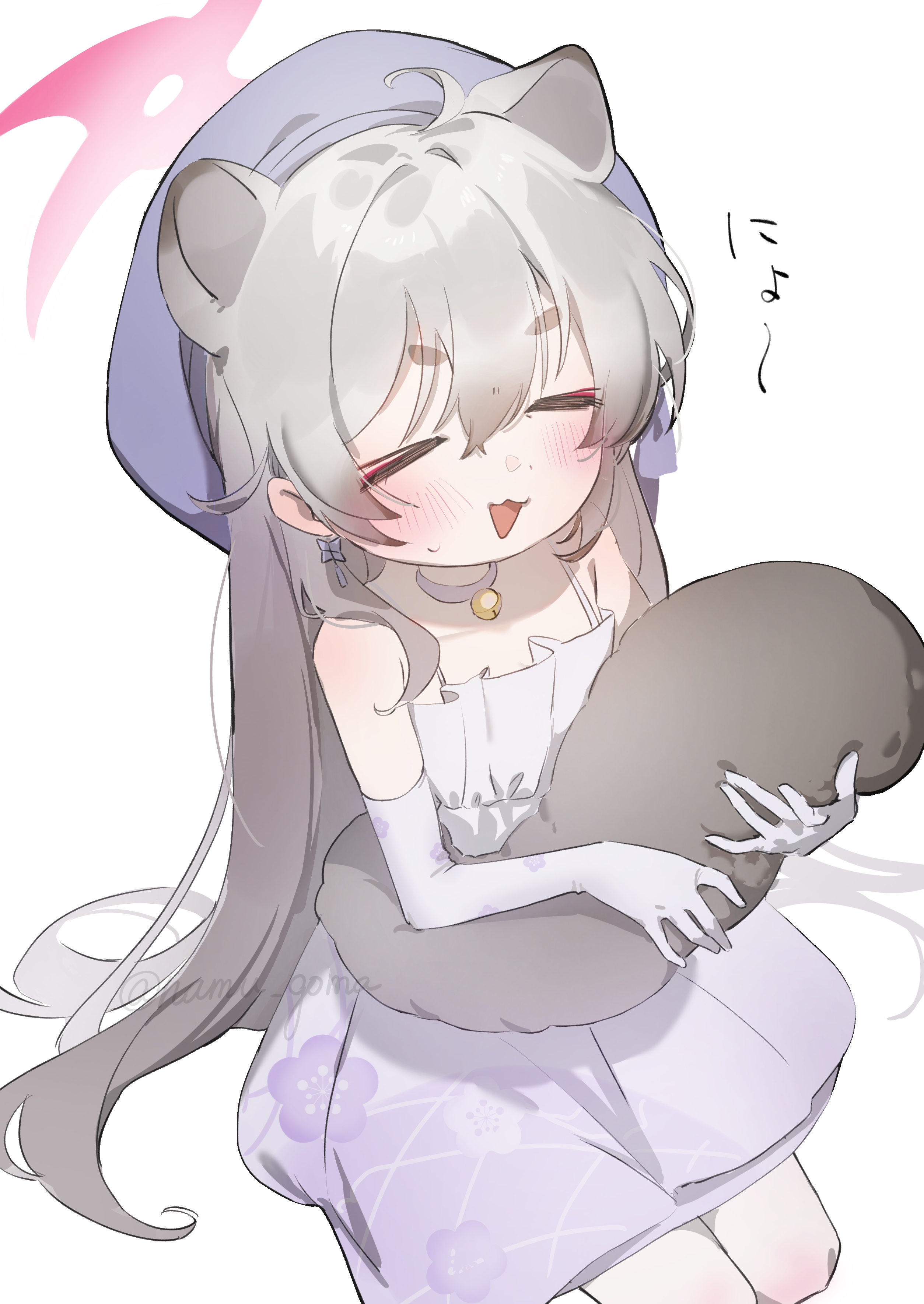 munikomamu, michiru (blue archive), michiru (dress) (blue archive), blue archive, absurdres, commentary request, highres, translation request, > <, 1girl, animal ears, bare shoulders, blush, brown hair, brown tail, closed eyes, dress, gloves, hair between eyes, halo, hat, open mouth, pink halo, purple hat, sitting, v-shaped eyebrows, watermark, white dress, white gloves