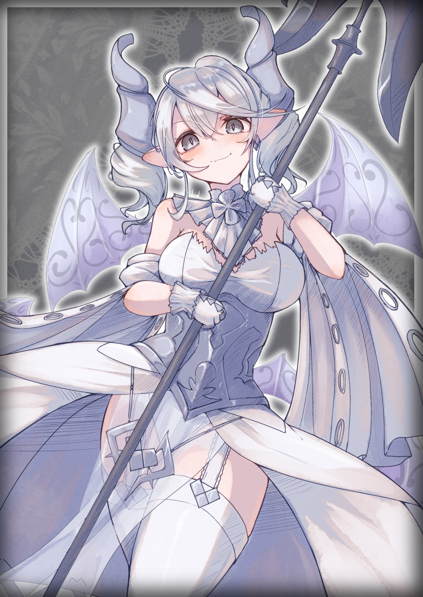 demimushi, lovely labrynth of the silver castle, yu-gi-oh!, commentary request, highres, weapon request, 1girl, bare shoulders, border, breasts, closed mouth, demon girl, demon horns, demon wings, detached sleeves, dress, duel monster, garter straps, gloves, grey border, grey eyes, grey hair, grey wings, hair between eyes, head tilt, holding, holding weapon, horns, large breasts, looking at viewer, outline, puffy short sleeves, puffy sleeves, ringlets, short sleeves, smile, solo, thighhighs, twintails, weapon, white dress, white gloves, white outline, white sleeves, white thighhighs, wings