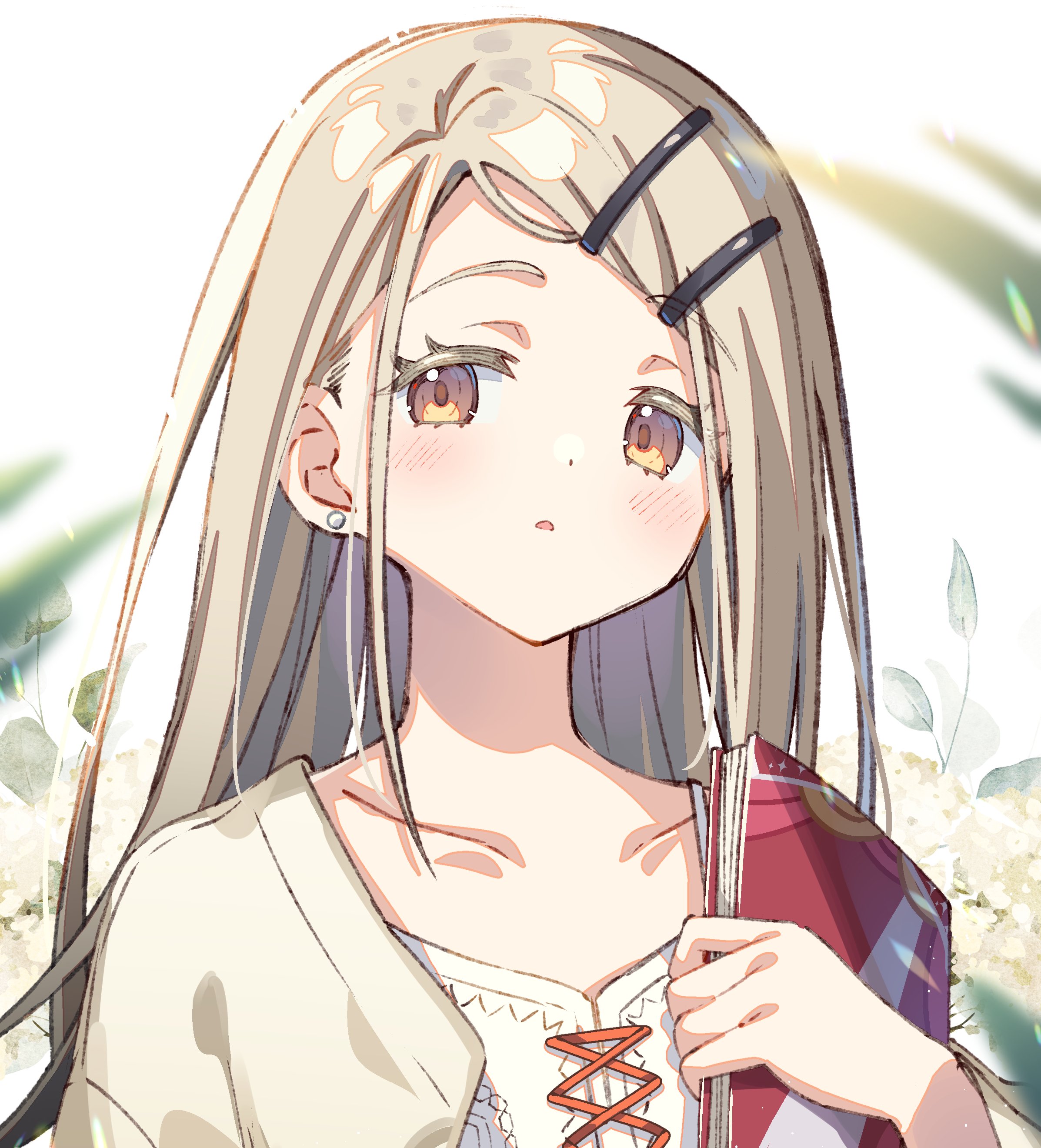 zoirun, shinosawa hiro, gakuen idolmaster, idolmaster, absurdres, commentary, highres, 1girl, blonde hair, blurry, blurry background, blush, book, camisole, collarbone, colored eyelashes, depth of field, earrings, gradient hair, grey hair, hair ornament, hairclip, holding, holding book, jewelry, long hair, looking at viewer, multicolored hair, open clothes, open robe, orange eyes, orange ribbon, parallel hairclips, parted lips, ribbon, robe, solo, stud earrings, swept bangs, white background, white camisole, white robe